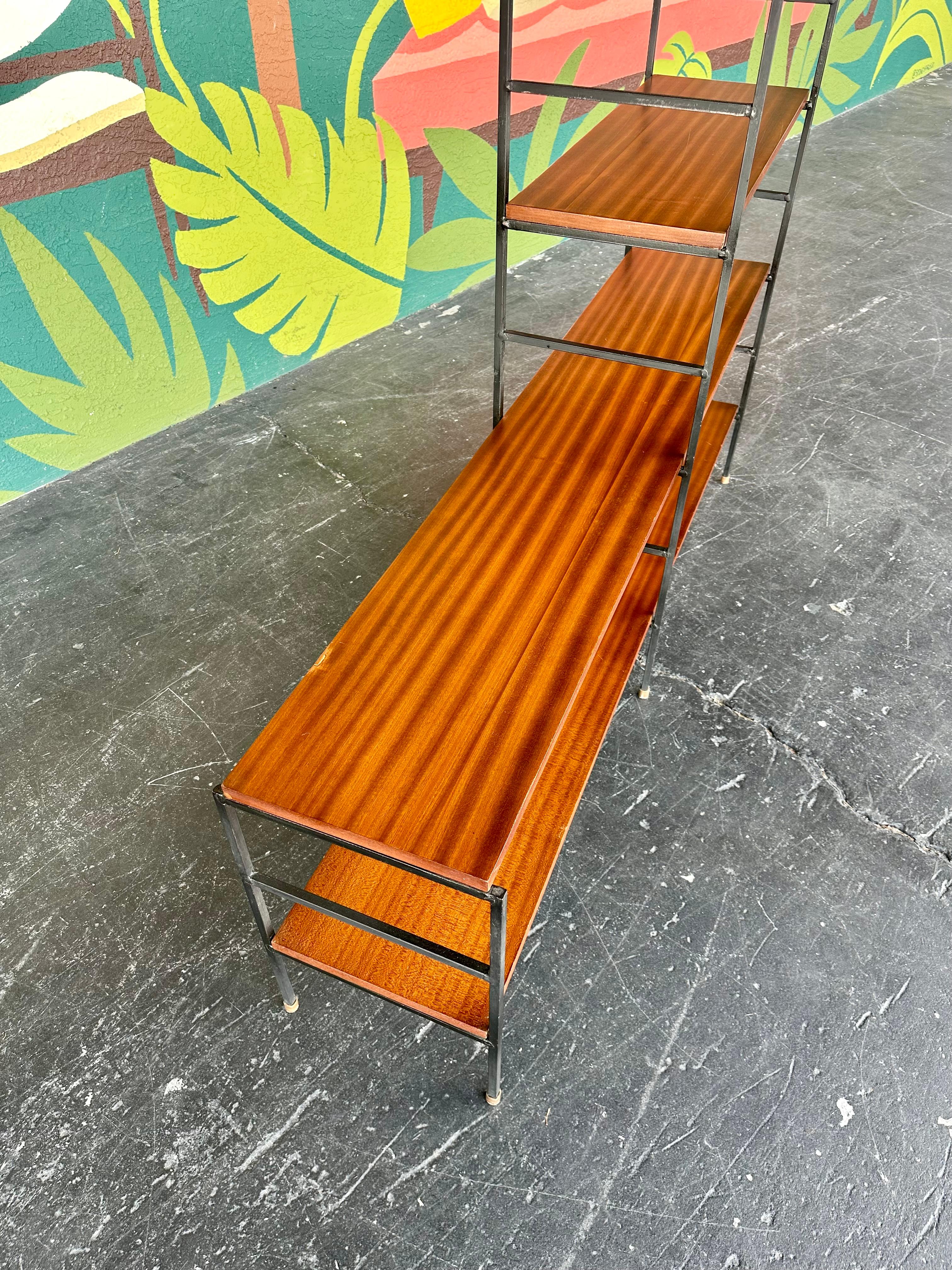 20th Century Mahogany and Iron Mid Century Bookcase Shelving Unit For Sale