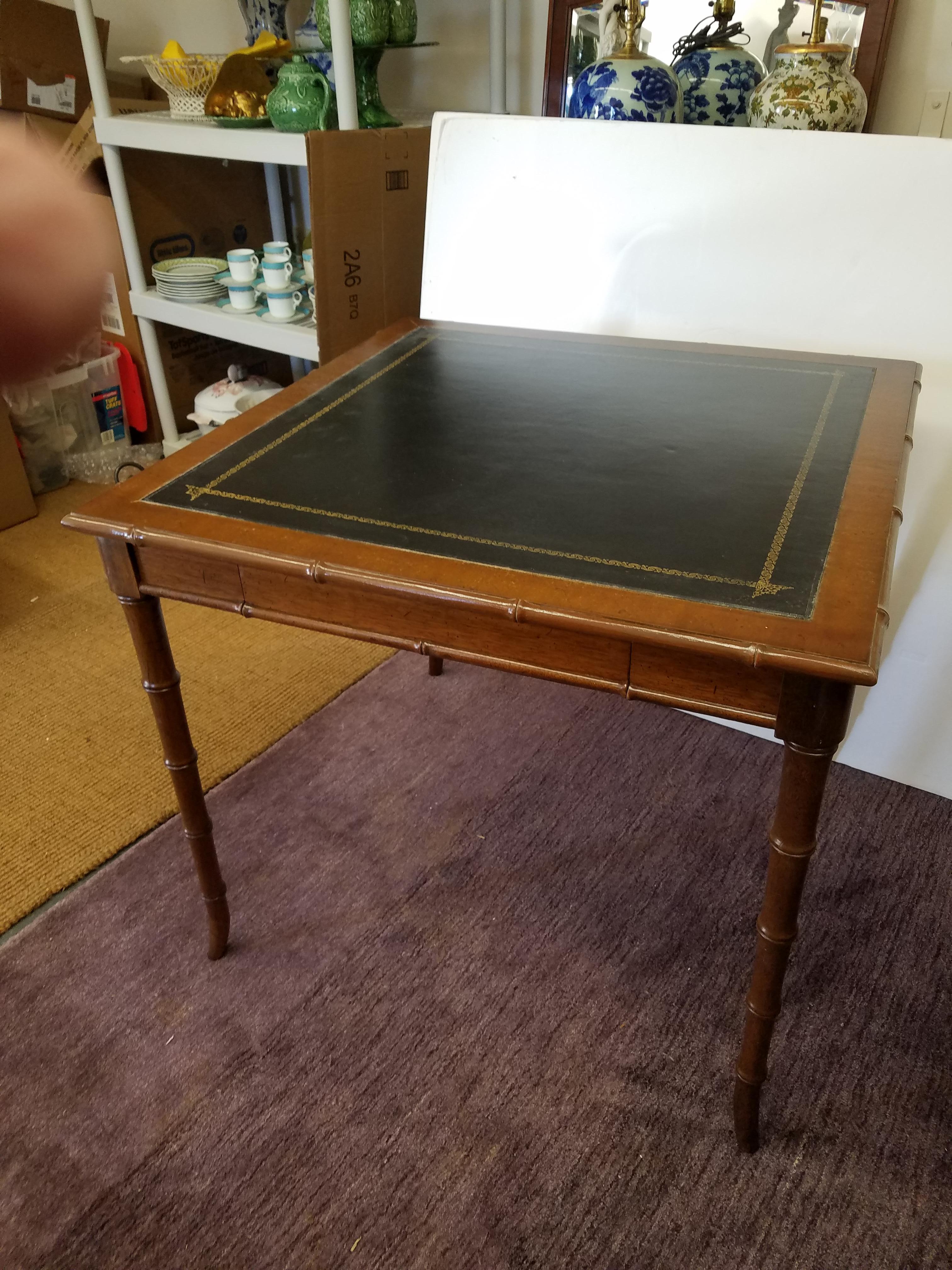 20th Century Mahogany and Leather Card Table Bamboo Motif