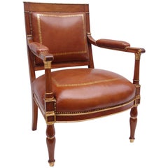 Mahogany and Leather Empire Armchair, Early 19th Century