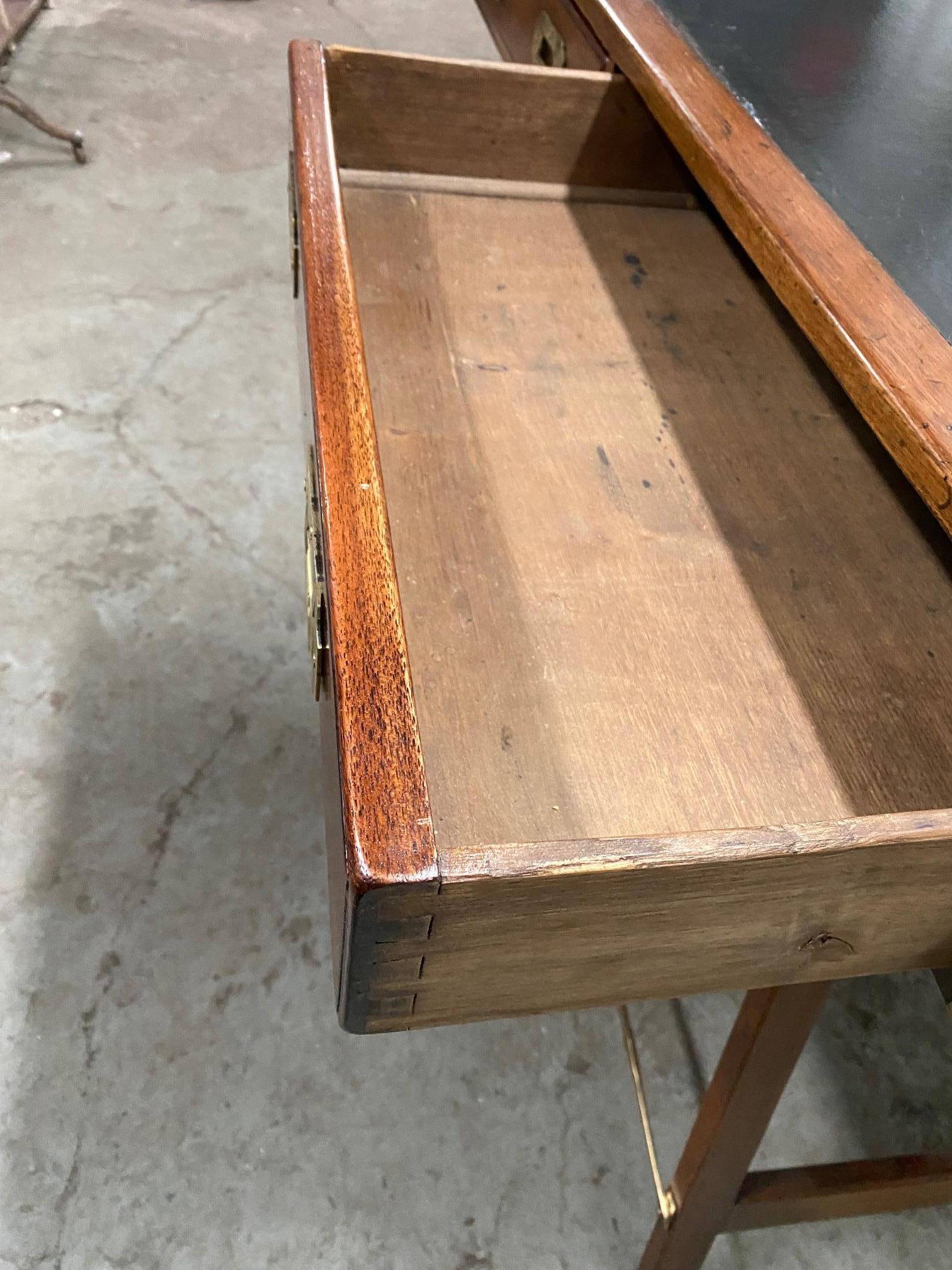 Mahogany and Leather English Campaign Desk Resting on Stretcher Base For Sale 9