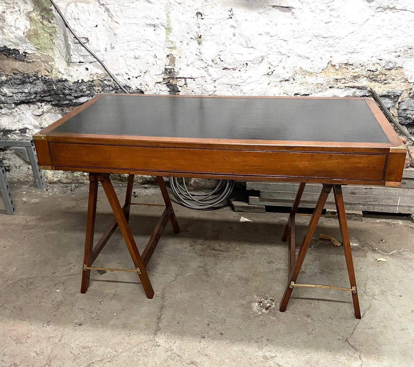 Mahogany and Leather English Campaign Desk Resting on Stretcher Base For Sale 10