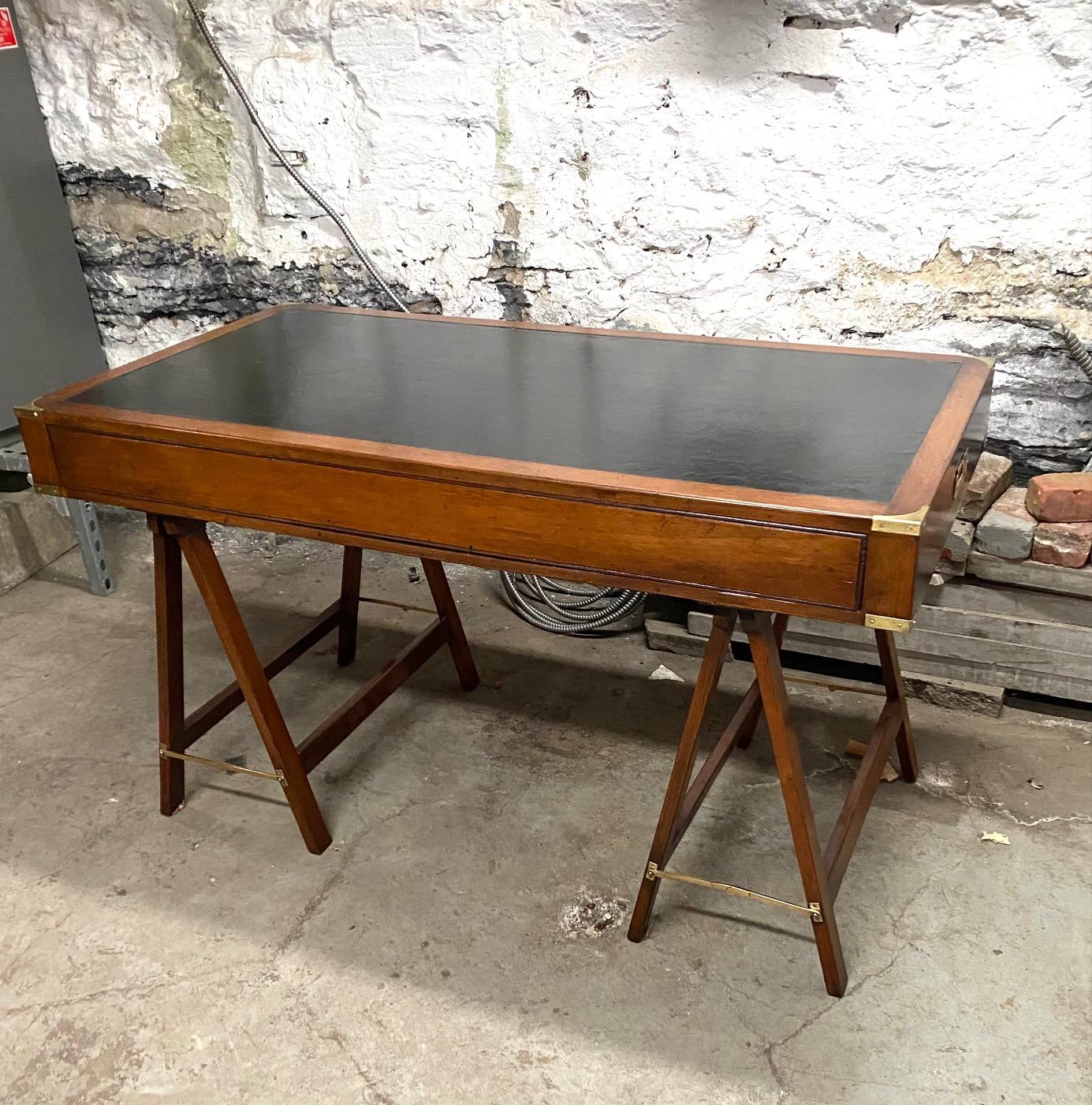 Mahogany and Leather English Campaign Desk Resting on Stretcher Base For Sale 11