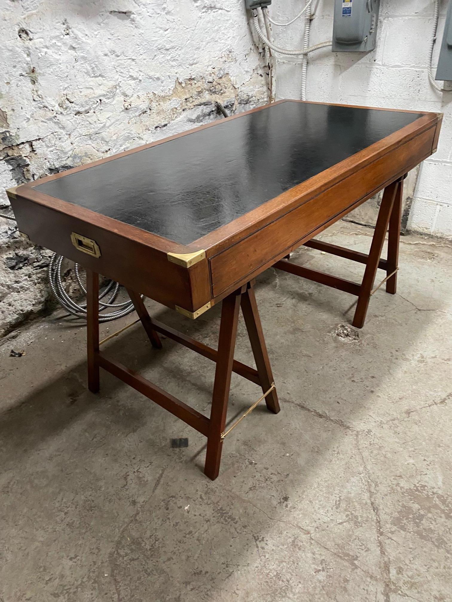 Mahogany and Leather English Campaign Desk Resting on Stretcher Base For Sale 12