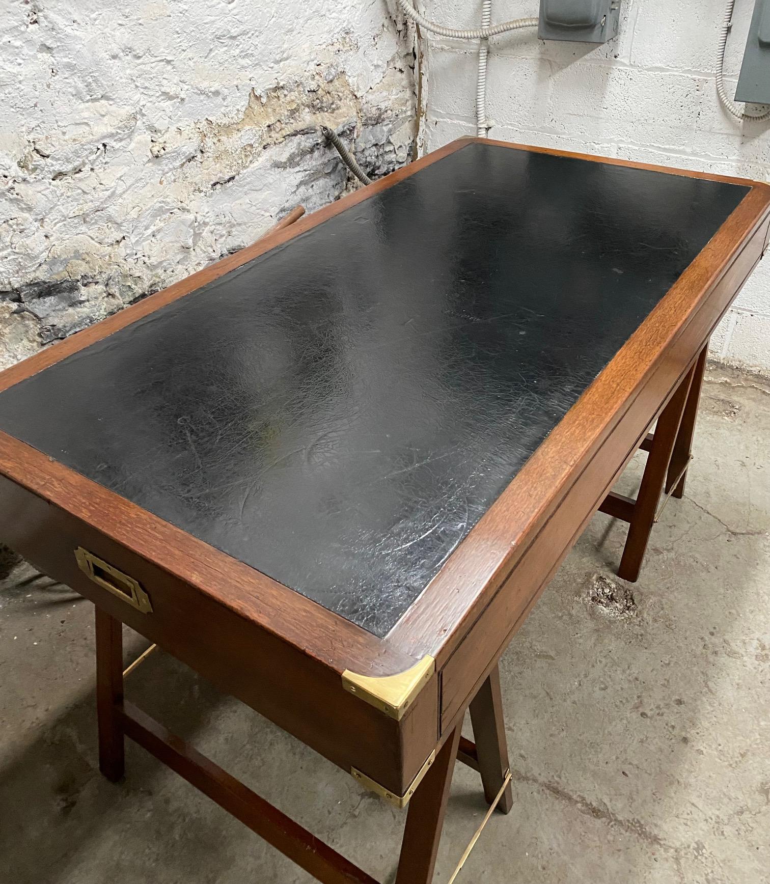 Mahogany and Leather English Campaign Desk Resting on Stretcher Base For Sale 13