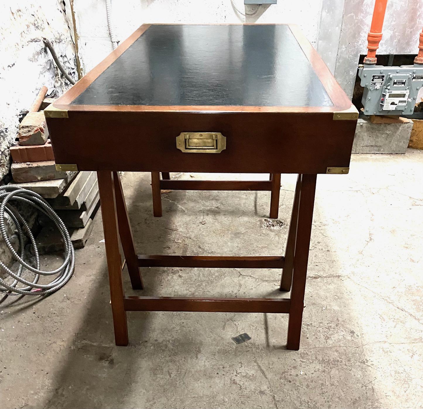 Mahogany and Leather English Campaign Desk Resting on Stretcher Base For Sale 2