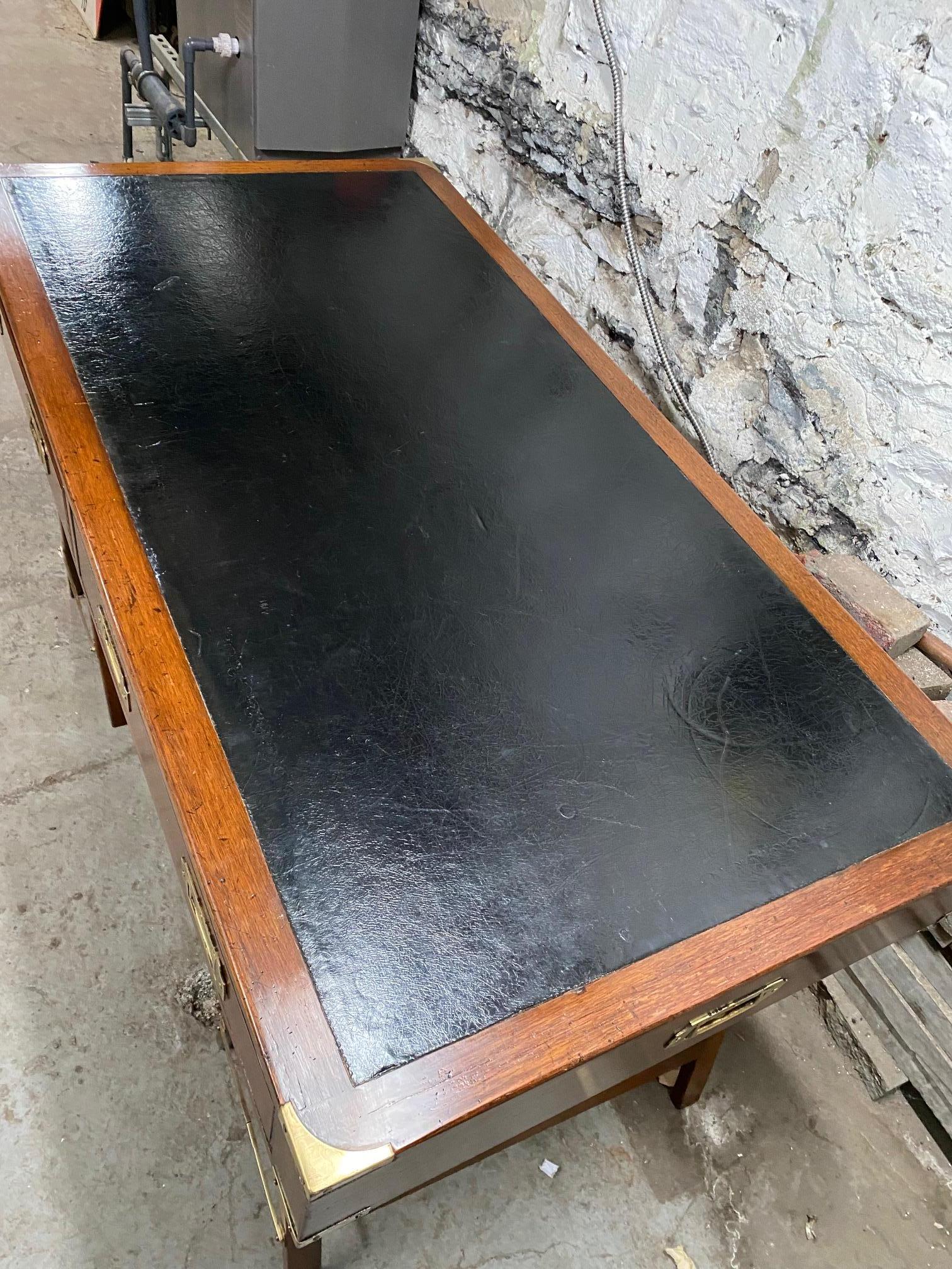 Mahogany and Leather English Campaign Desk Resting on Stretcher Base For Sale 3