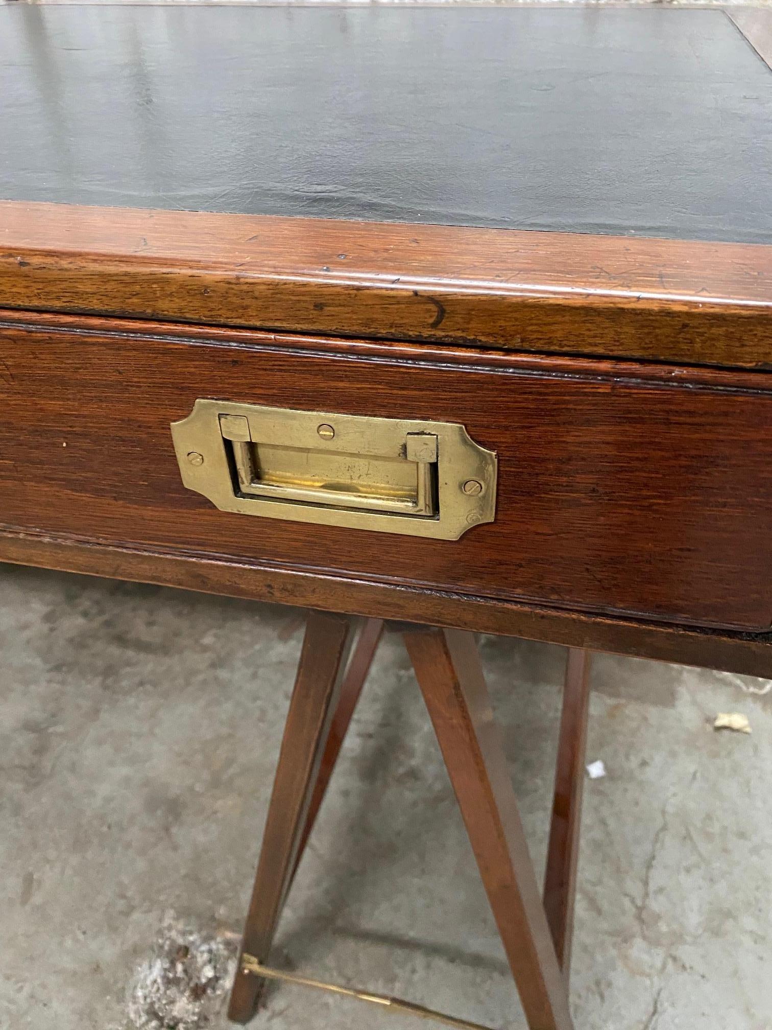 Mahogany and Leather English Campaign Desk Resting on Stretcher Base For Sale 4