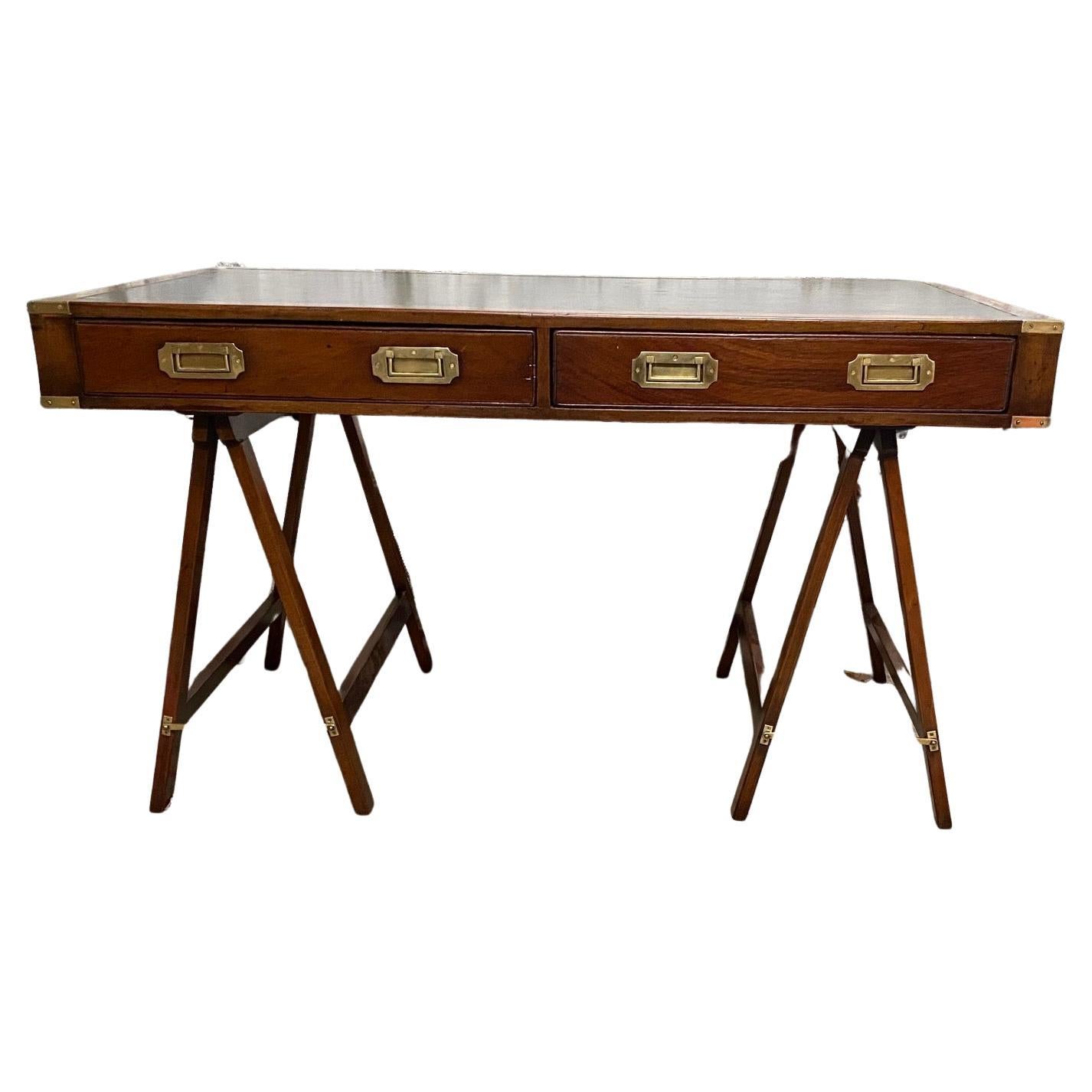 Mahogany and Leather English Campaign Desk Resting on Stretcher Base