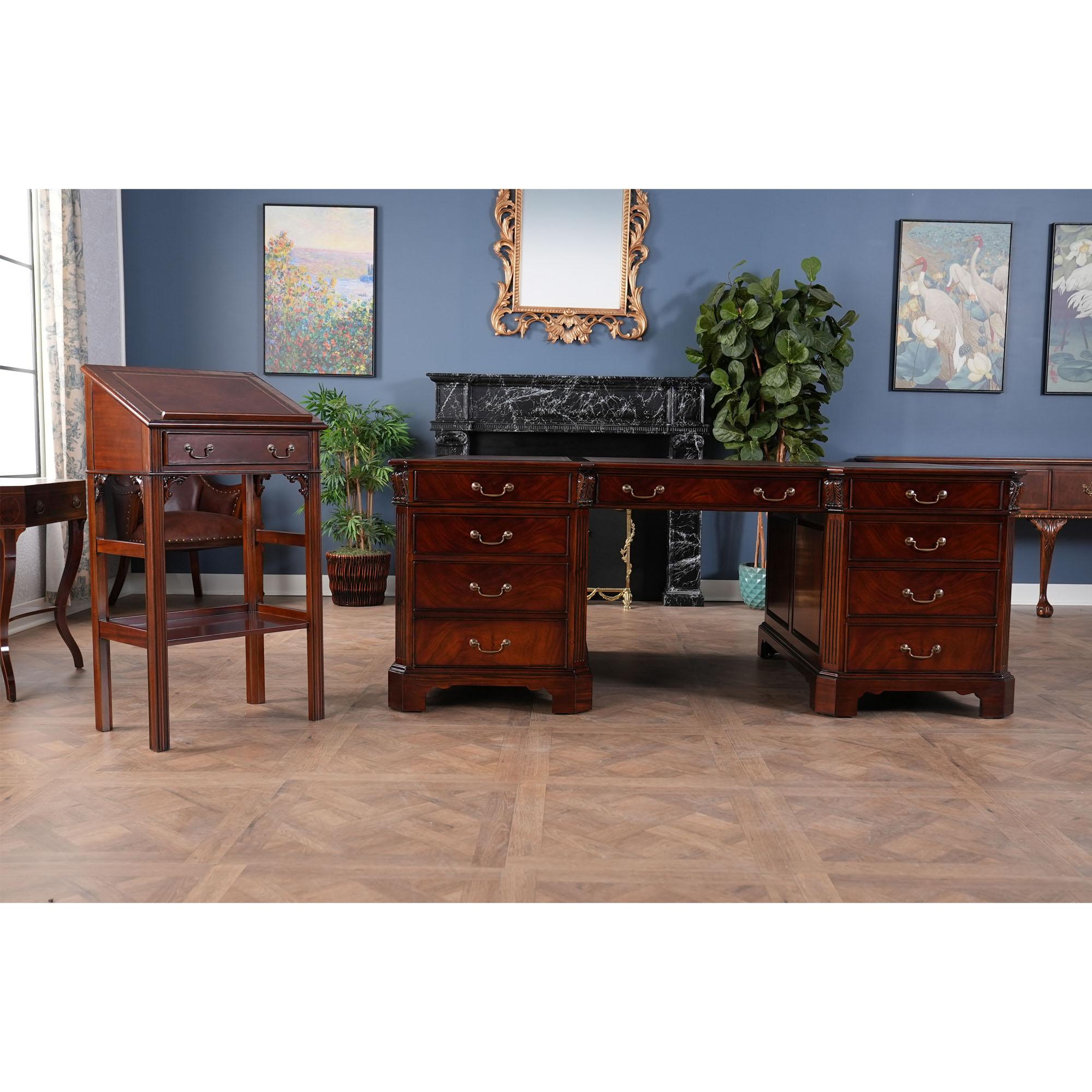 This beautiful Mahogany and Leather Lectern from Niagara Furniture is made of the finest solid mahogany and mahogany veneers. Built with clean, straight lines, the desk has a slant top lid with a genuine full grain leather surface incised with gold