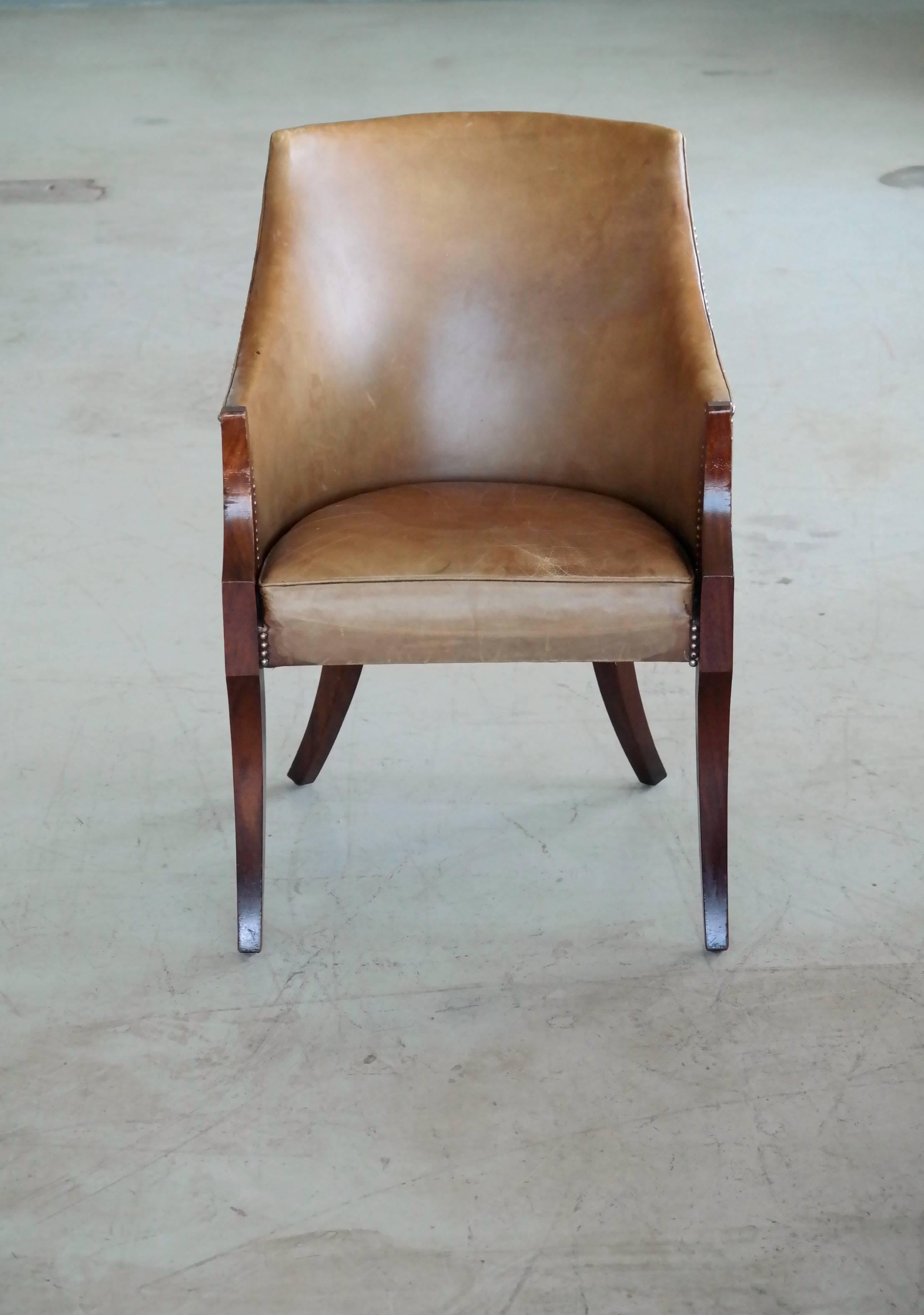 Scandinavian Modern Mahogany and Leather Side or Easy Chair by Frits Henningsen Danish Midcentury