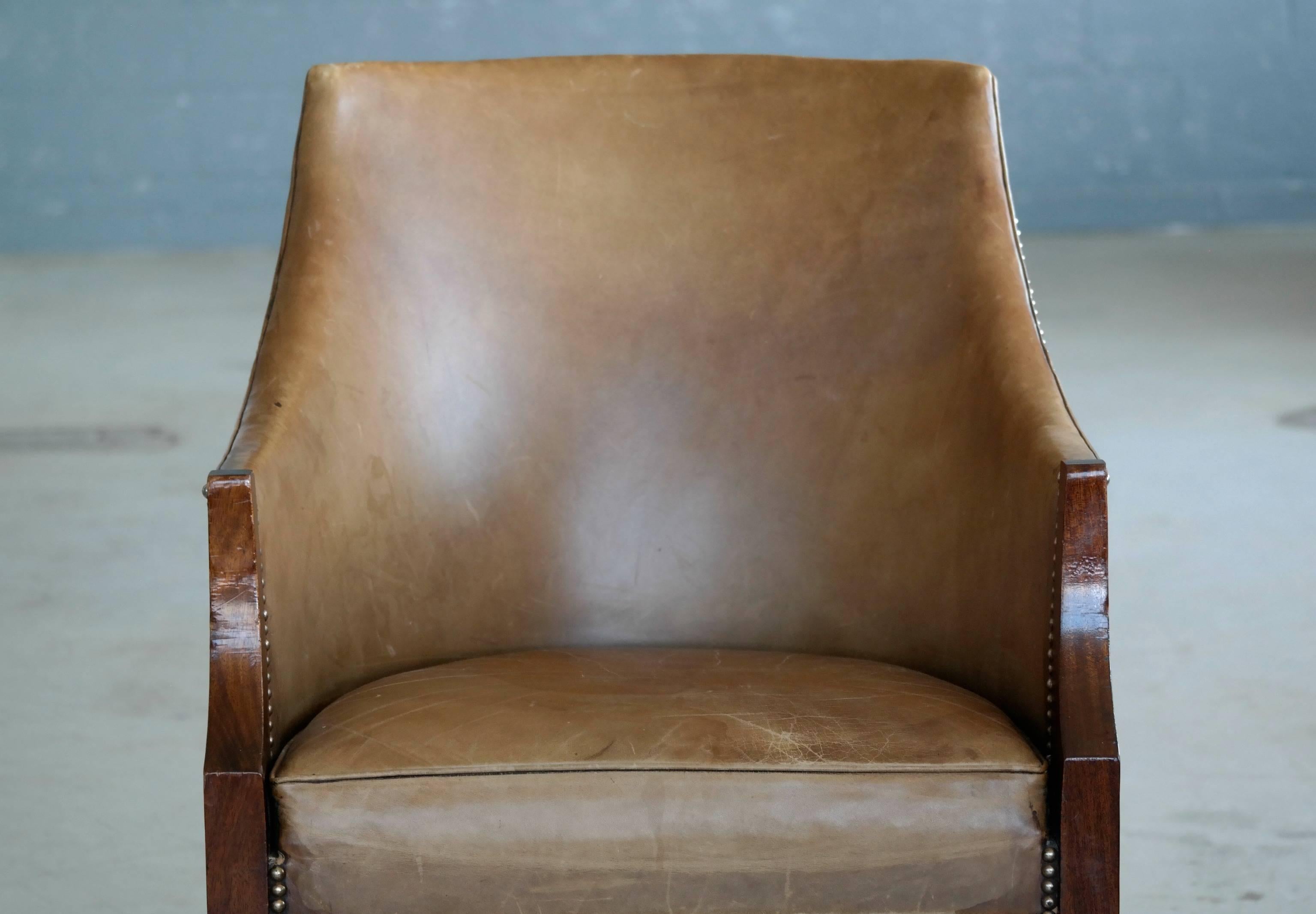 Mahogany and Leather Side or Easy Chair by Frits Henningsen Danish Midcentury In Good Condition In Bridgeport, CT