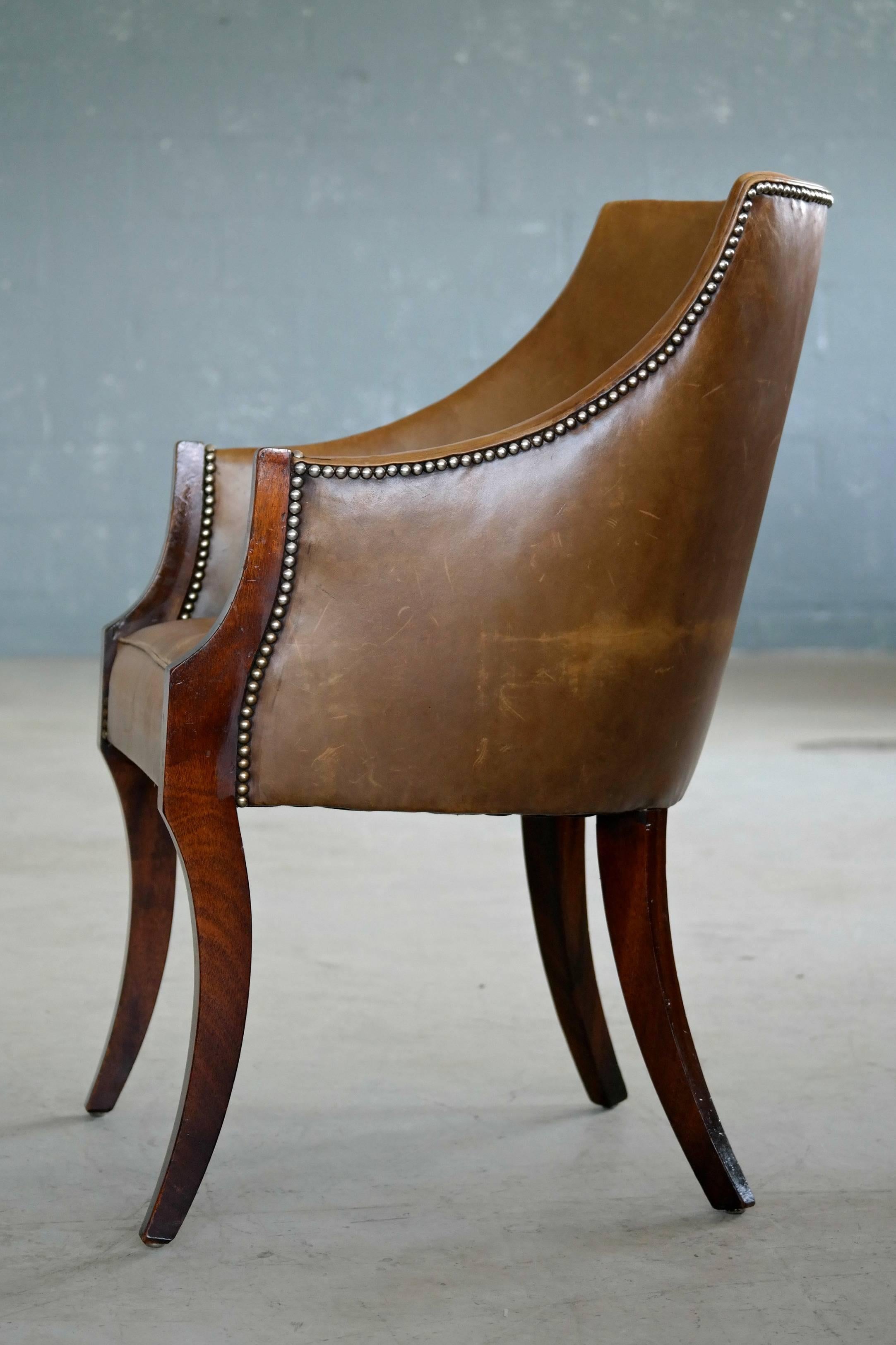 Mid-20th Century Mahogany and Leather Side or Easy Chair by Frits Henningsen Danish Midcentury