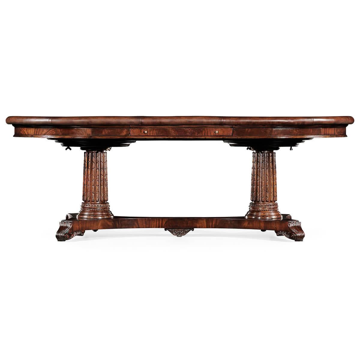 Crotch mahogany, professional style oval poker table with an antique green leather top, leather tooling with currency symbols, handcrafted brass cup holders and chip racks, and a drawer for storing poker chips for each player. Raised on a double