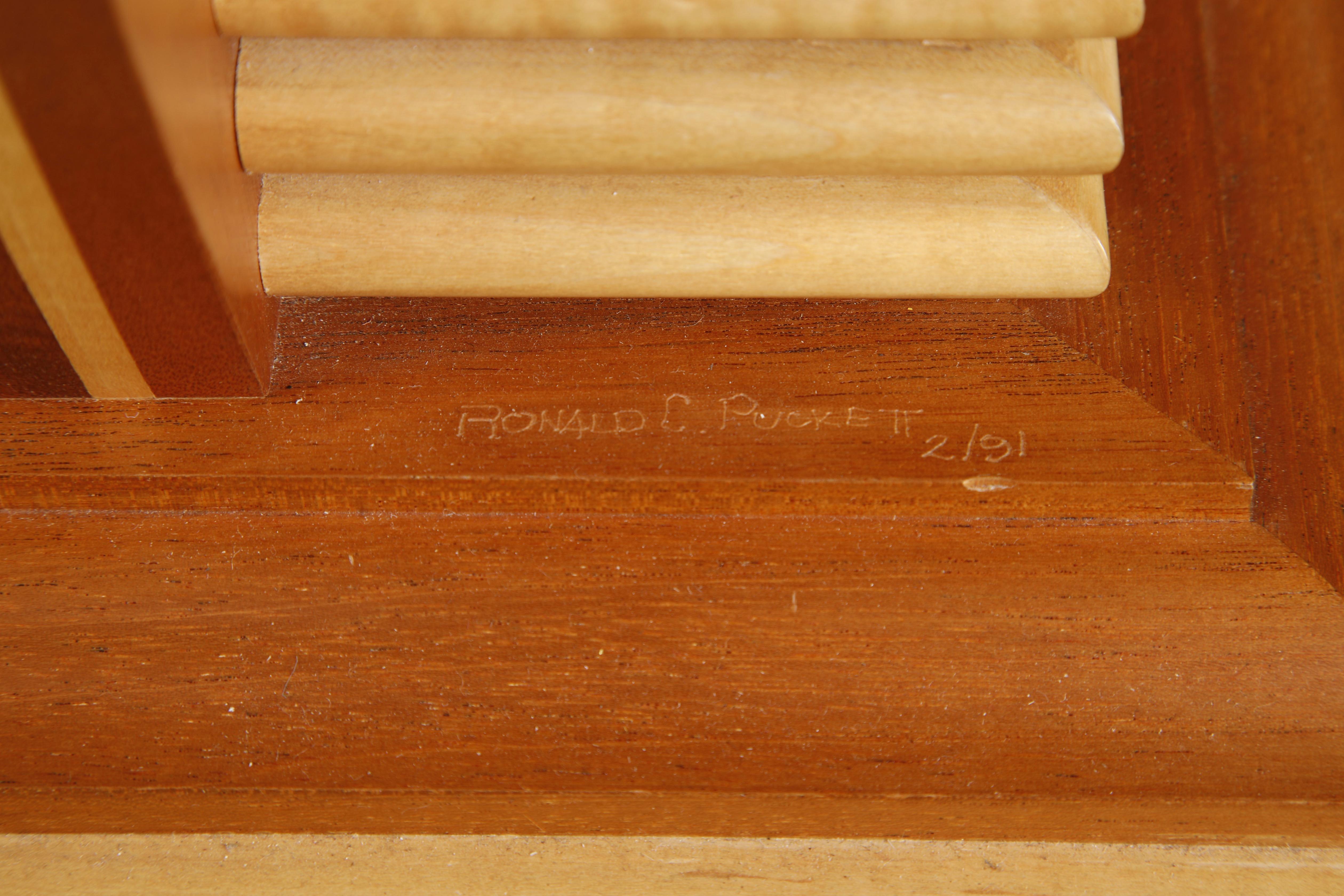 Mahogany and Marble Center Table or Zoom Table by Ron Puckett, 1991, Signed For Sale 13