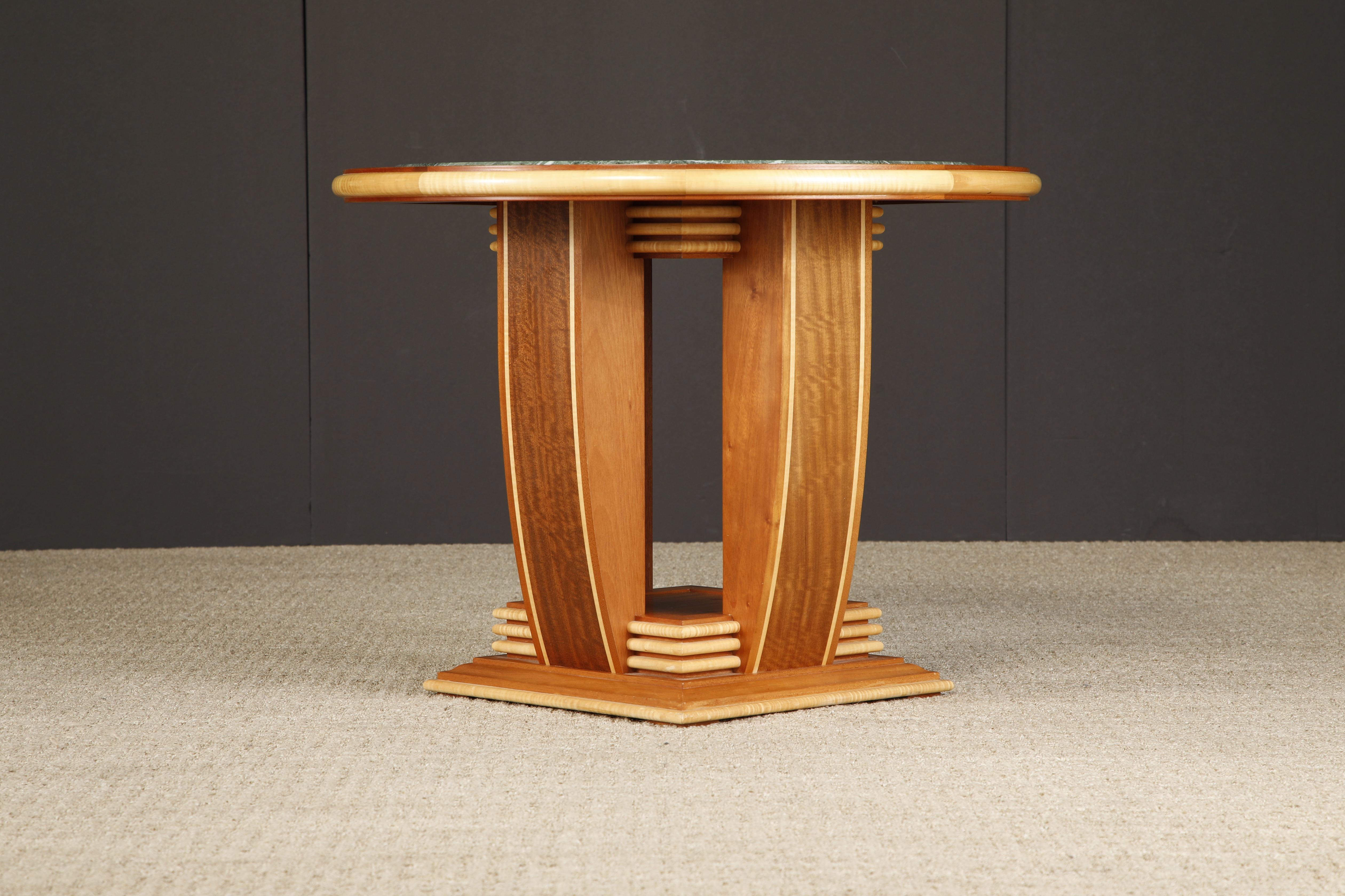 A beautiful and finely made center table (or tea table) by Ron Puckett (Ronald C. Puckett), crafted of Mahogany, Maple and Marble in the Art Deco style, signed and dated Ronald C. Pucket 2/91. Beautiful green marble with exotic white contrasting