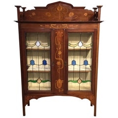 Antique Mahogany and Marquetry Inlaid Arts & Crafts Period Display Cabinet