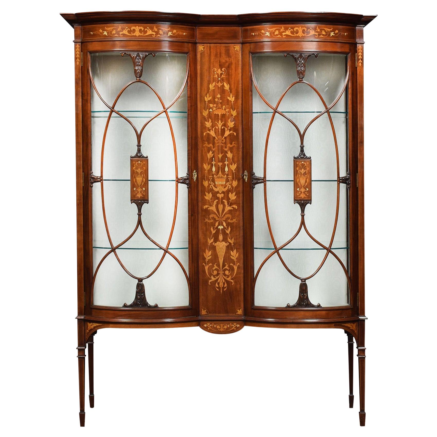 Mahogany and Marquetry Inlaid Display Cabinets
