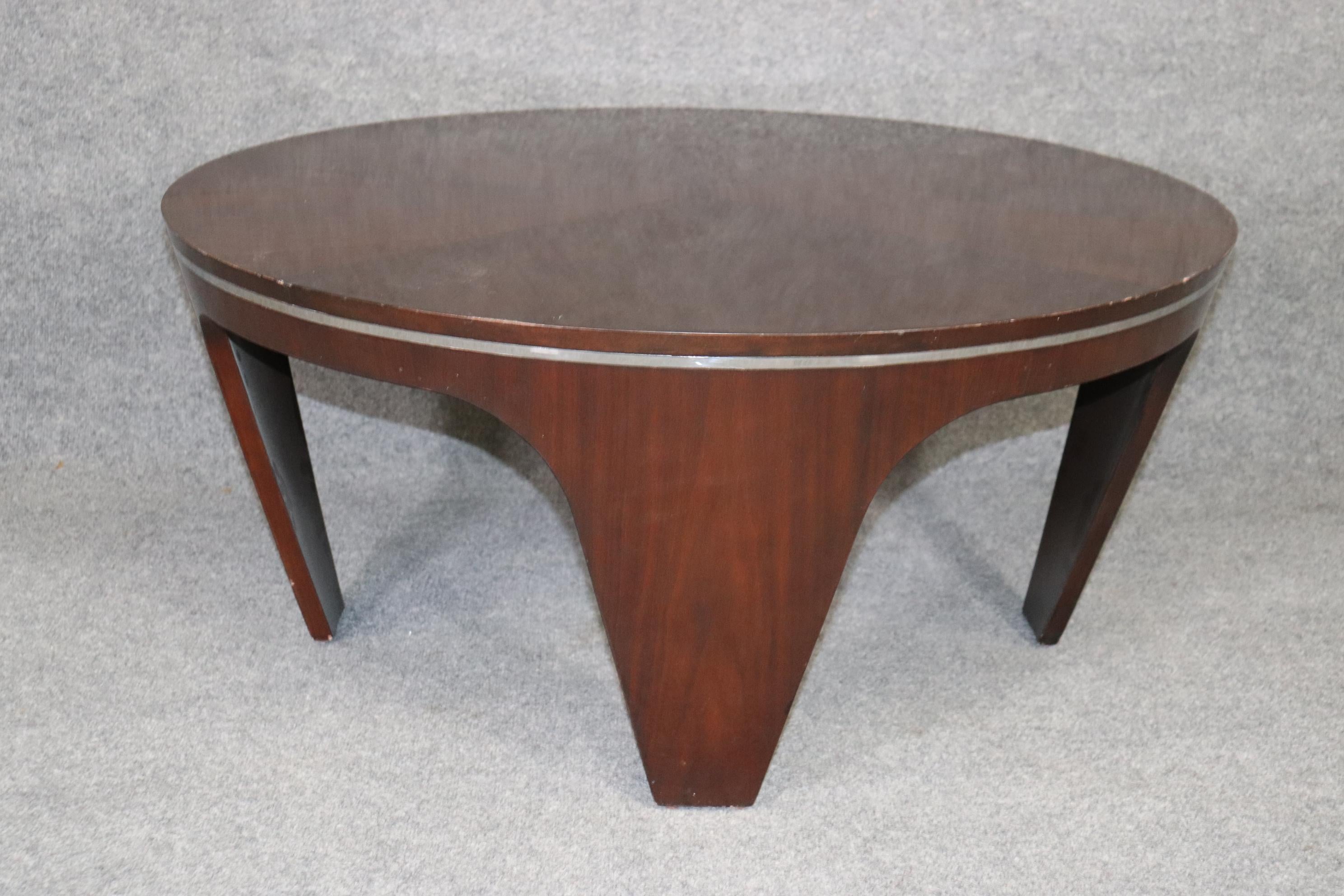 Mahogany and Metal Round Art Deco Style Pierre Cardin Style Coffee Table In Good Condition In Swedesboro, NJ