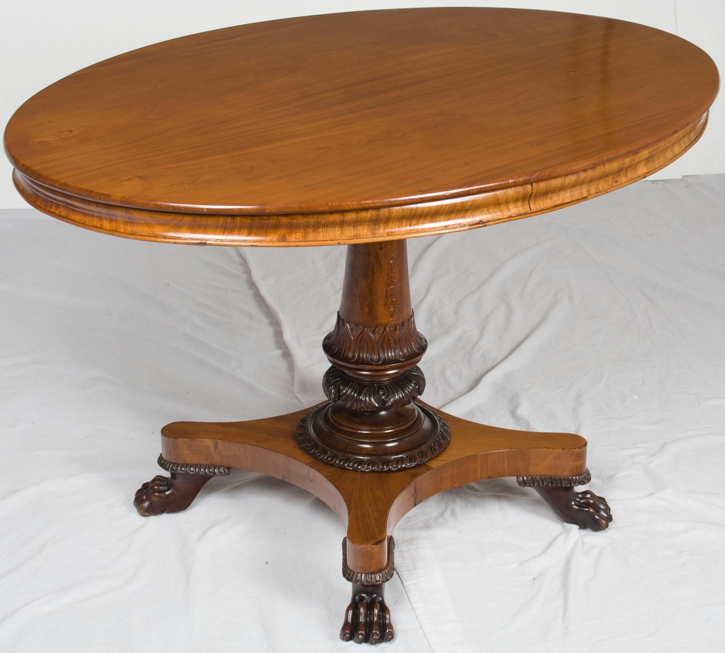 Late 19th Century Mahogany and Oak Empire Style Large Oval Center Foyer Table Claw Foot Pedestal For Sale