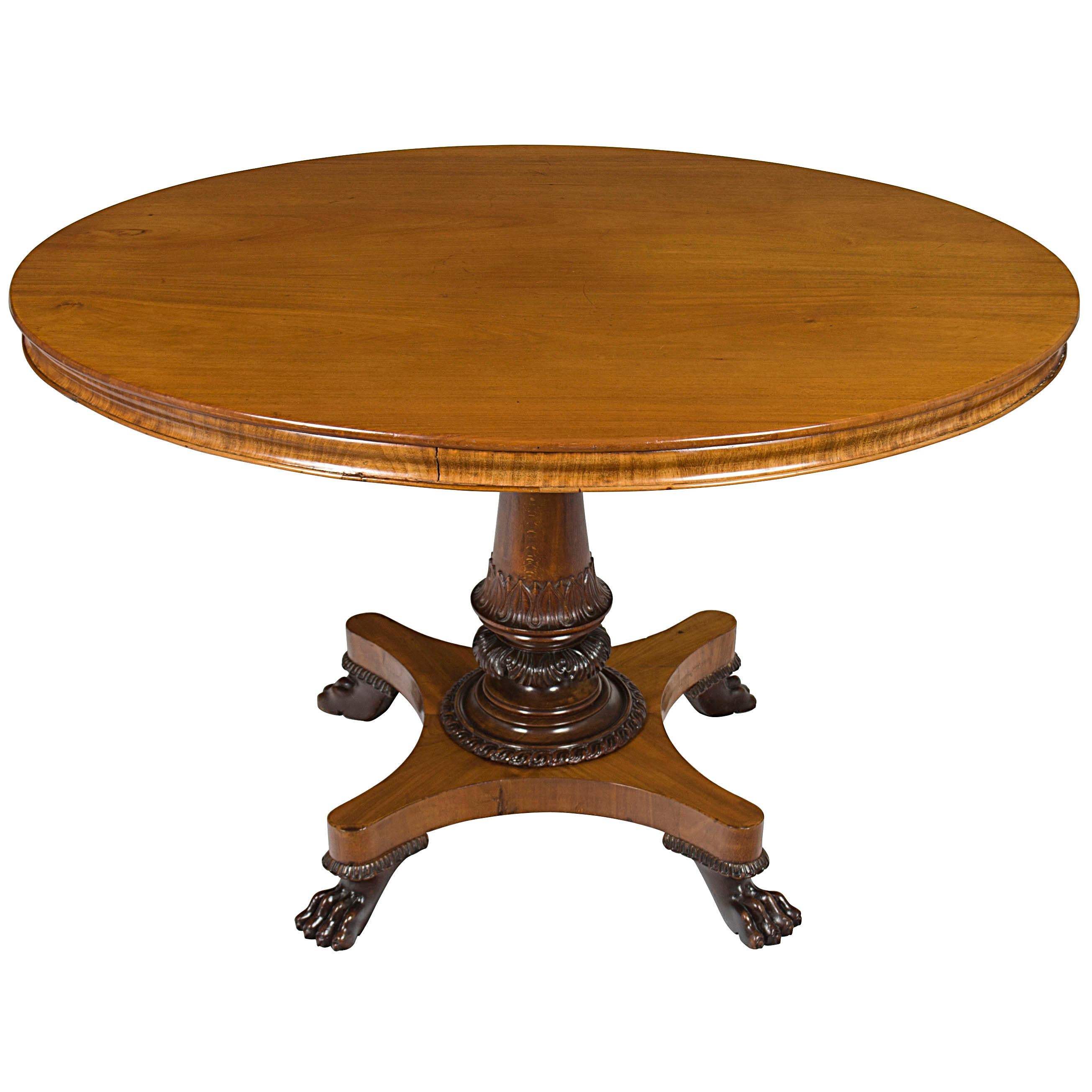Mahogany and Oak Empire Style Large Oval Center Foyer Table Claw Foot Pedestal For Sale