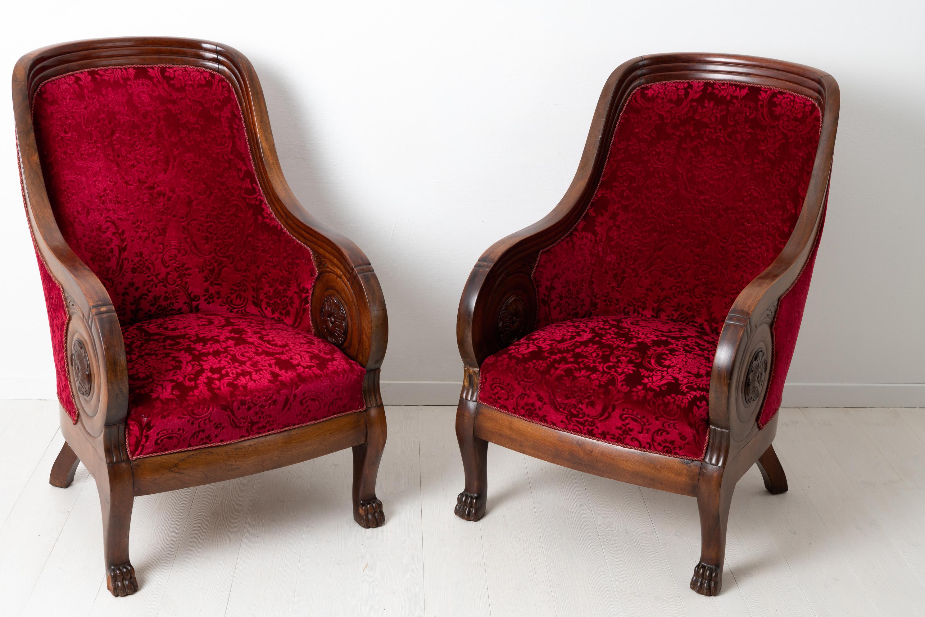 Baltic Mahogany and Red Velvet Armchairs in Empire Style