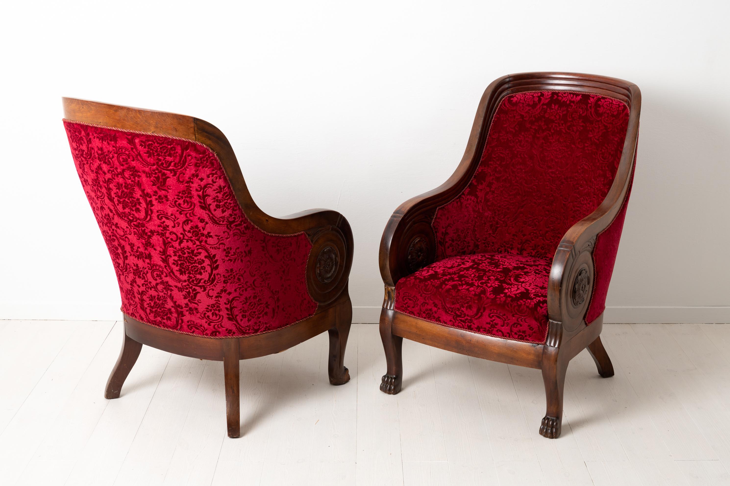 Mahogany and Red Velvet Armchairs in Empire Style In Good Condition In Kramfors, SE