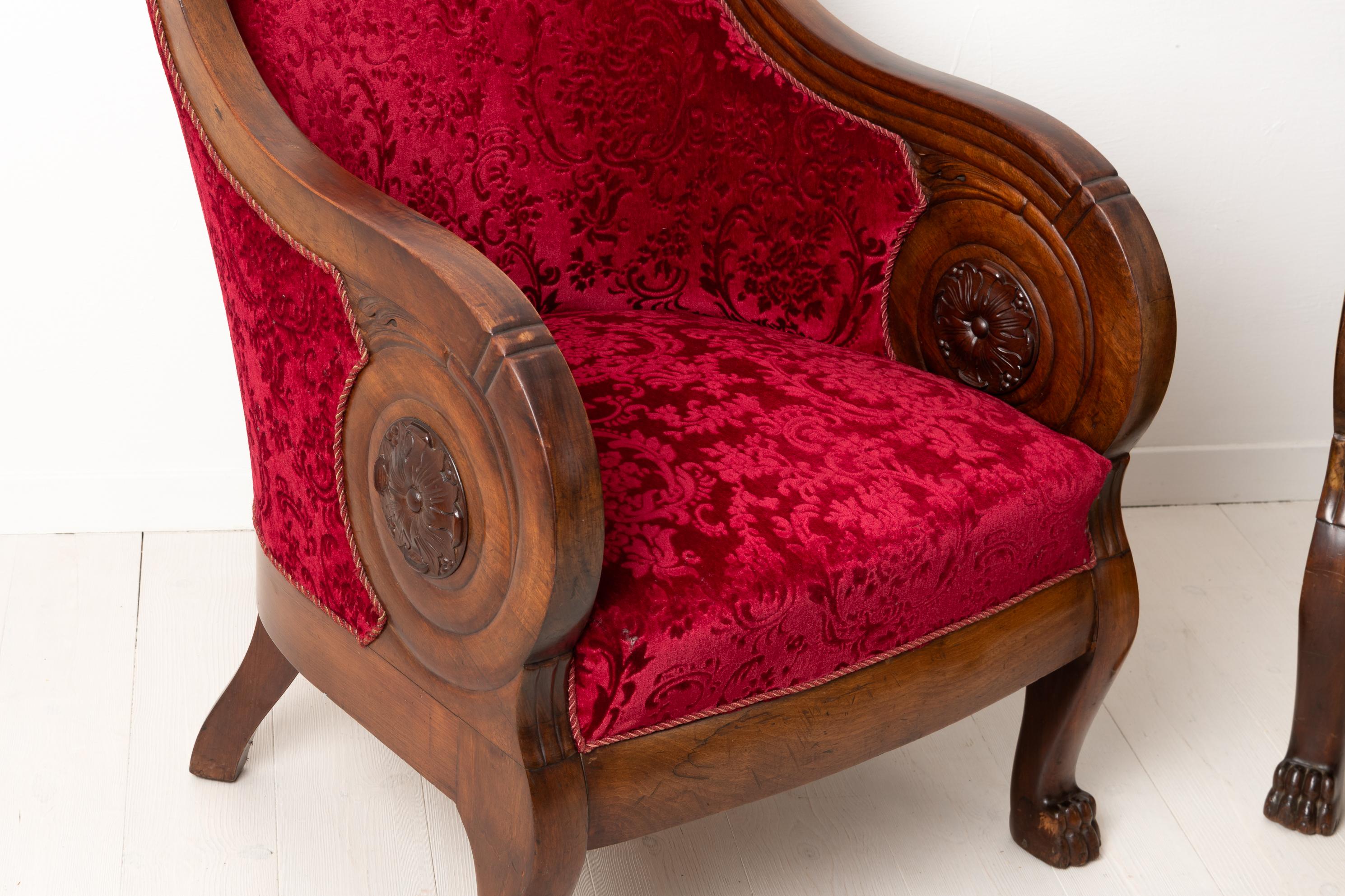 19th Century Mahogany and Red Velvet Armchairs in Empire Style