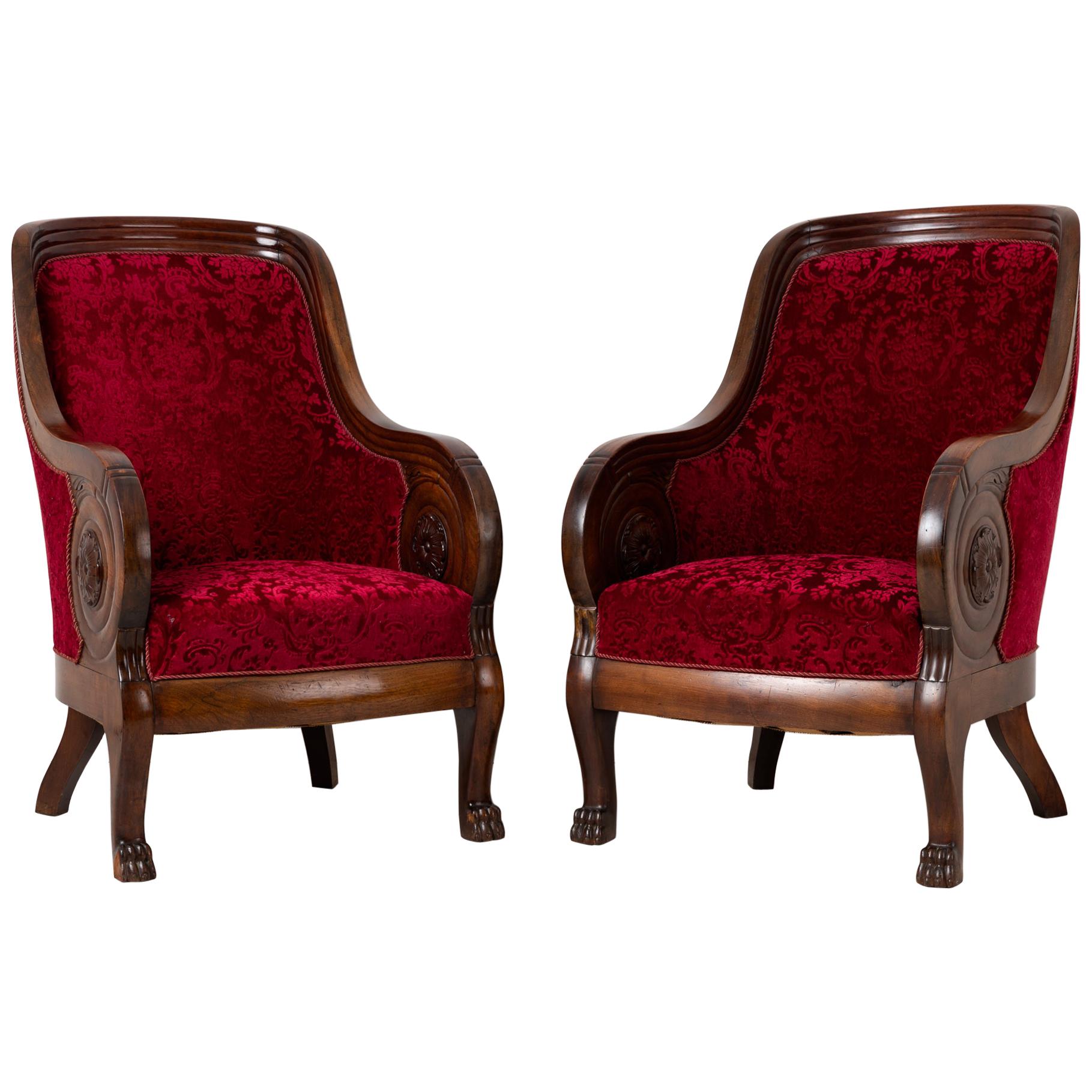 Mahogany and Red Velvet Armchairs in Empire Style