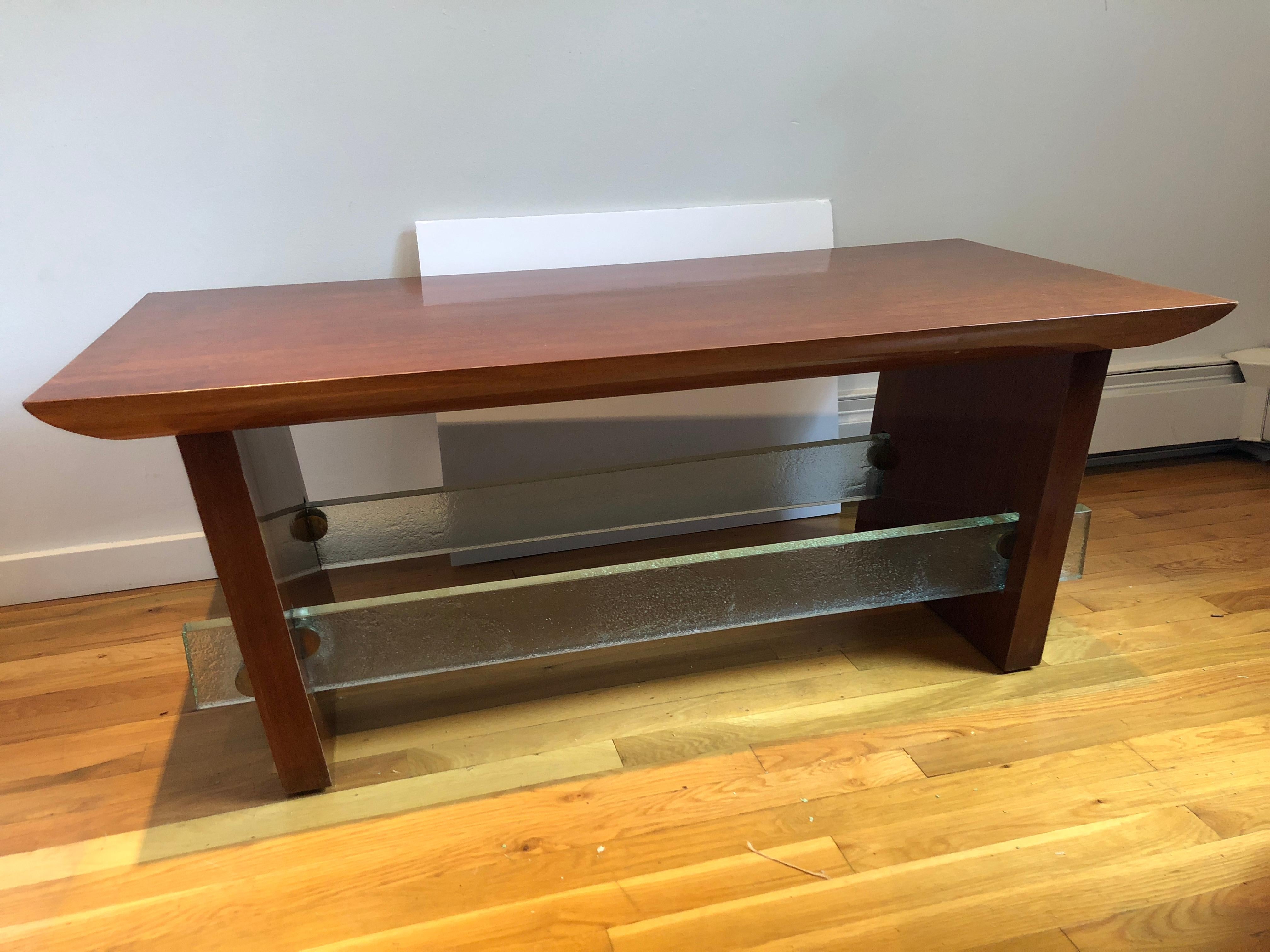 Mid-Century Modern Mahogany and Saint Gobain Glass Cocktail Table Attributed to Adnet