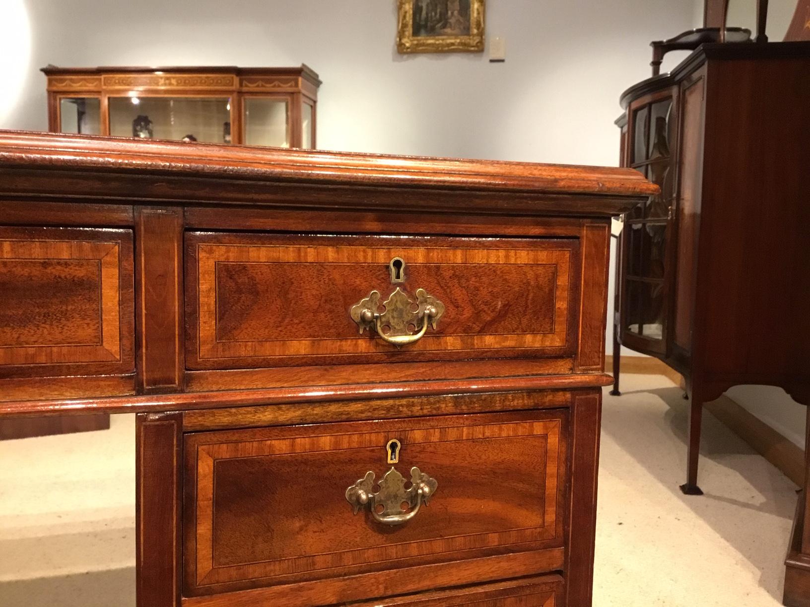 Mahogany and Satinwood Banded Edwardian Period Antique Pedestal Desk 3