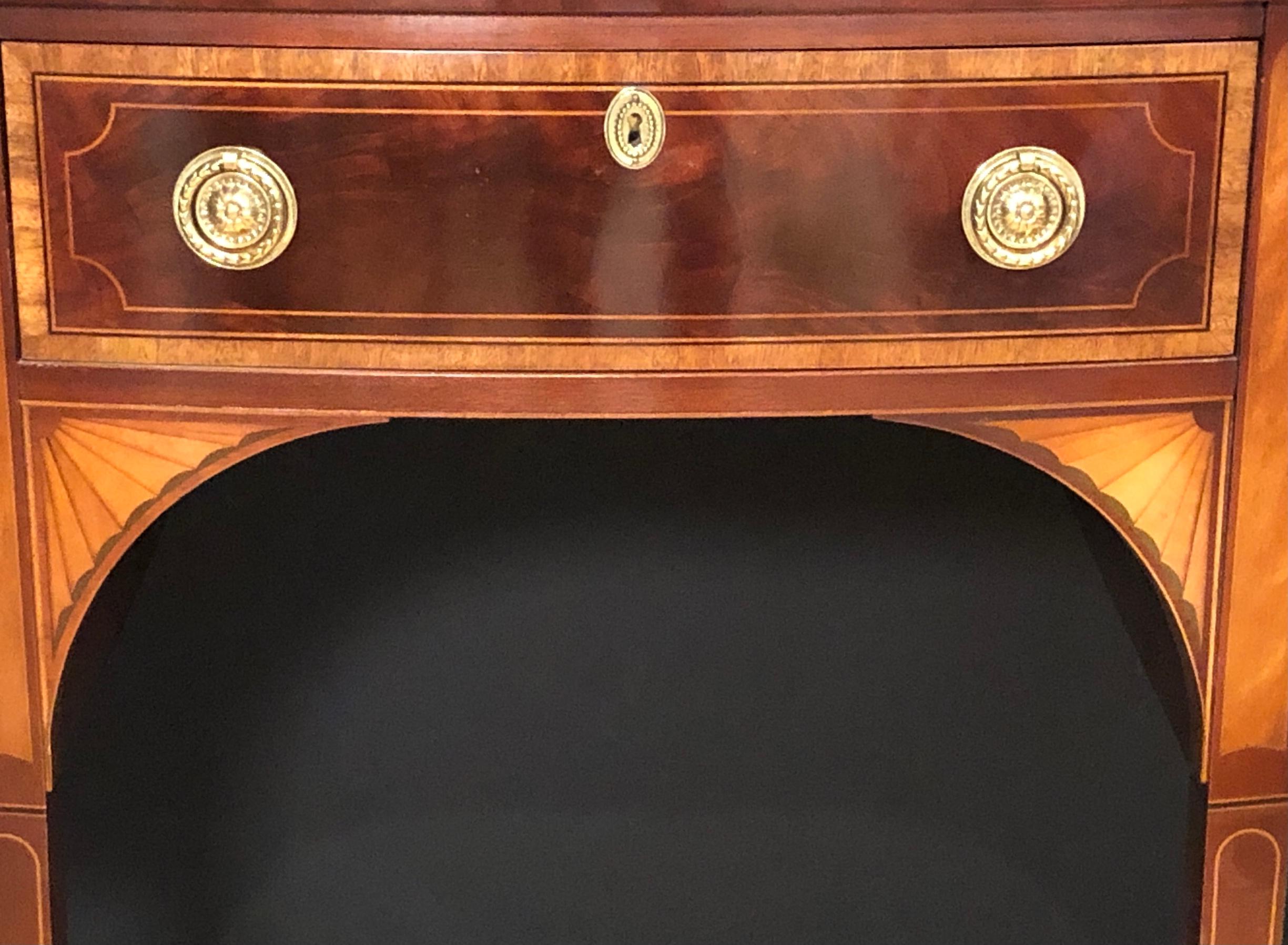 Mahogany and Satinwood Inlaid Bow Front Sideboard by Baker Historic Collection In Good Condition In Norwood, NJ