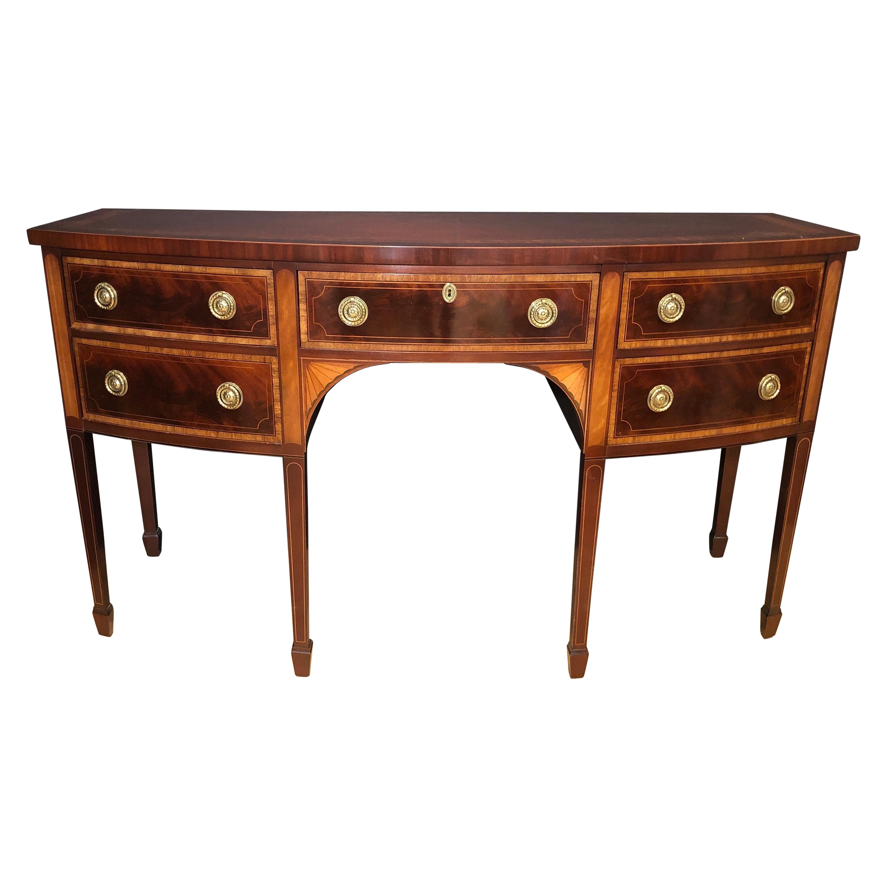 Mahogany and Satinwood Inlaid Bow Front Sideboard by Baker Historic Collection