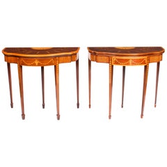 Mahogany and Satinwood Inlaid Serpentine Card Console Tables 19th Century, Pair