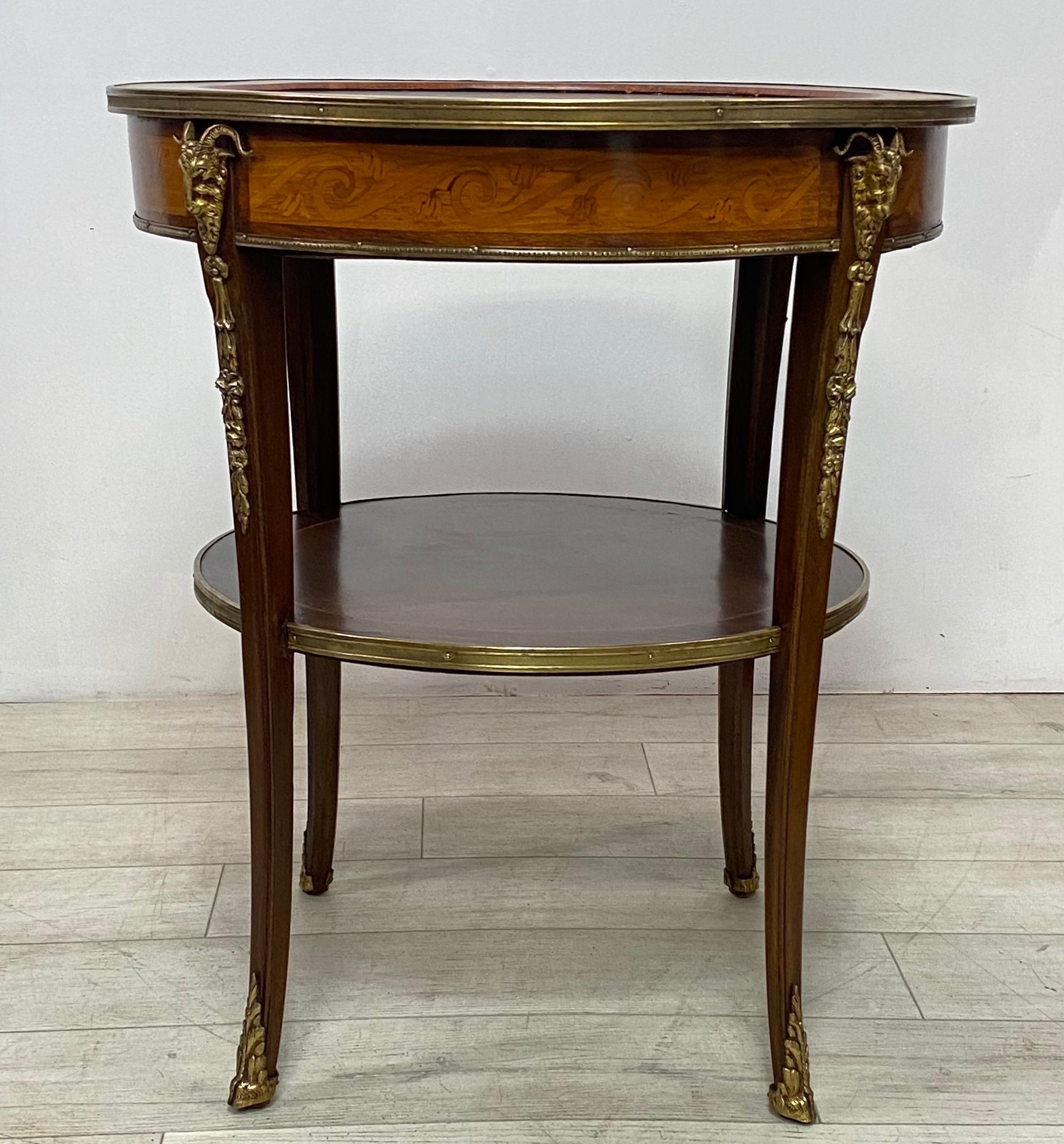 French Mahogany and Satinwood Marble Top Center or Side Table, France Circa 1910 For Sale