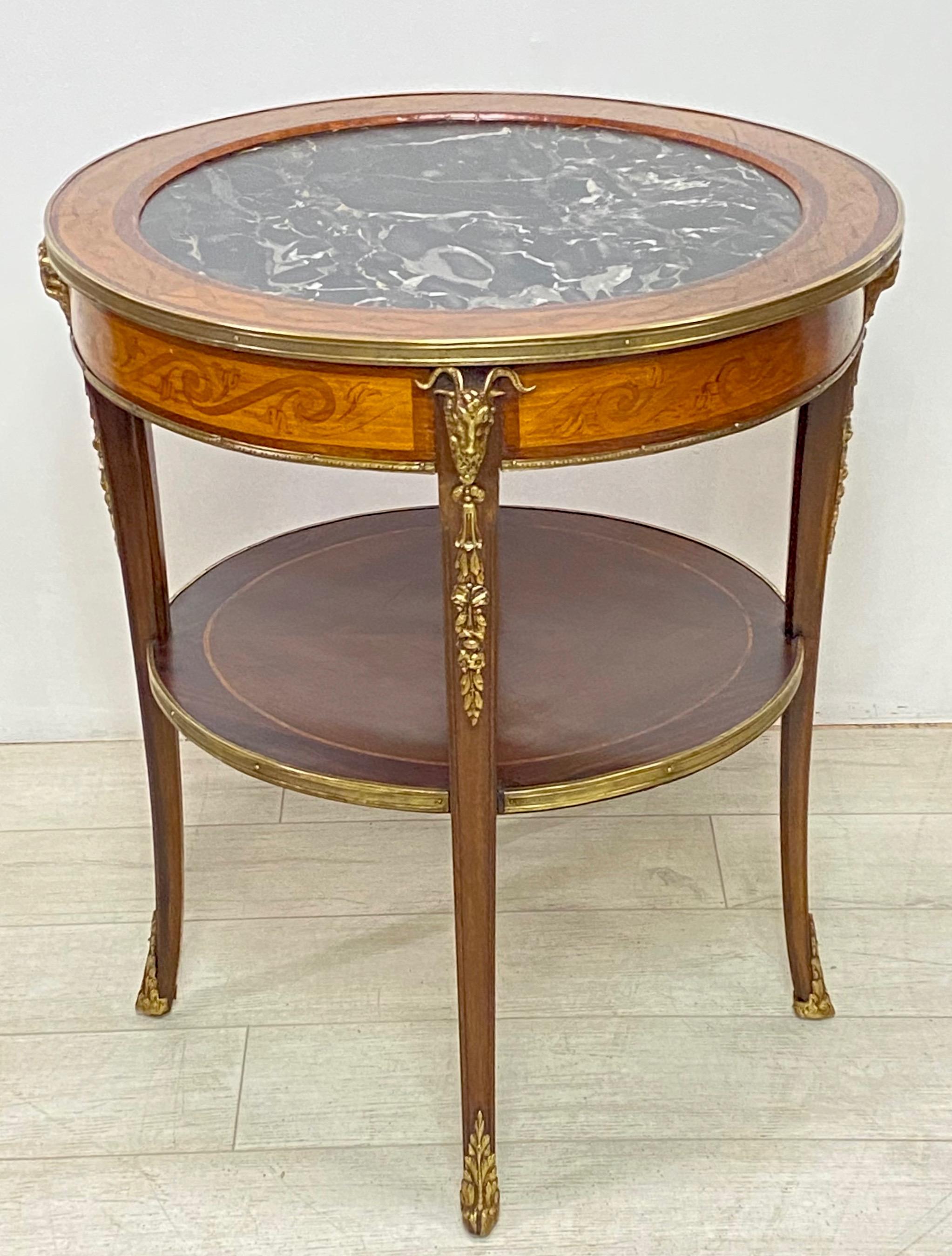 Marquetry Mahogany and Satinwood Marble Top Center or Side Table, France Circa 1910 For Sale