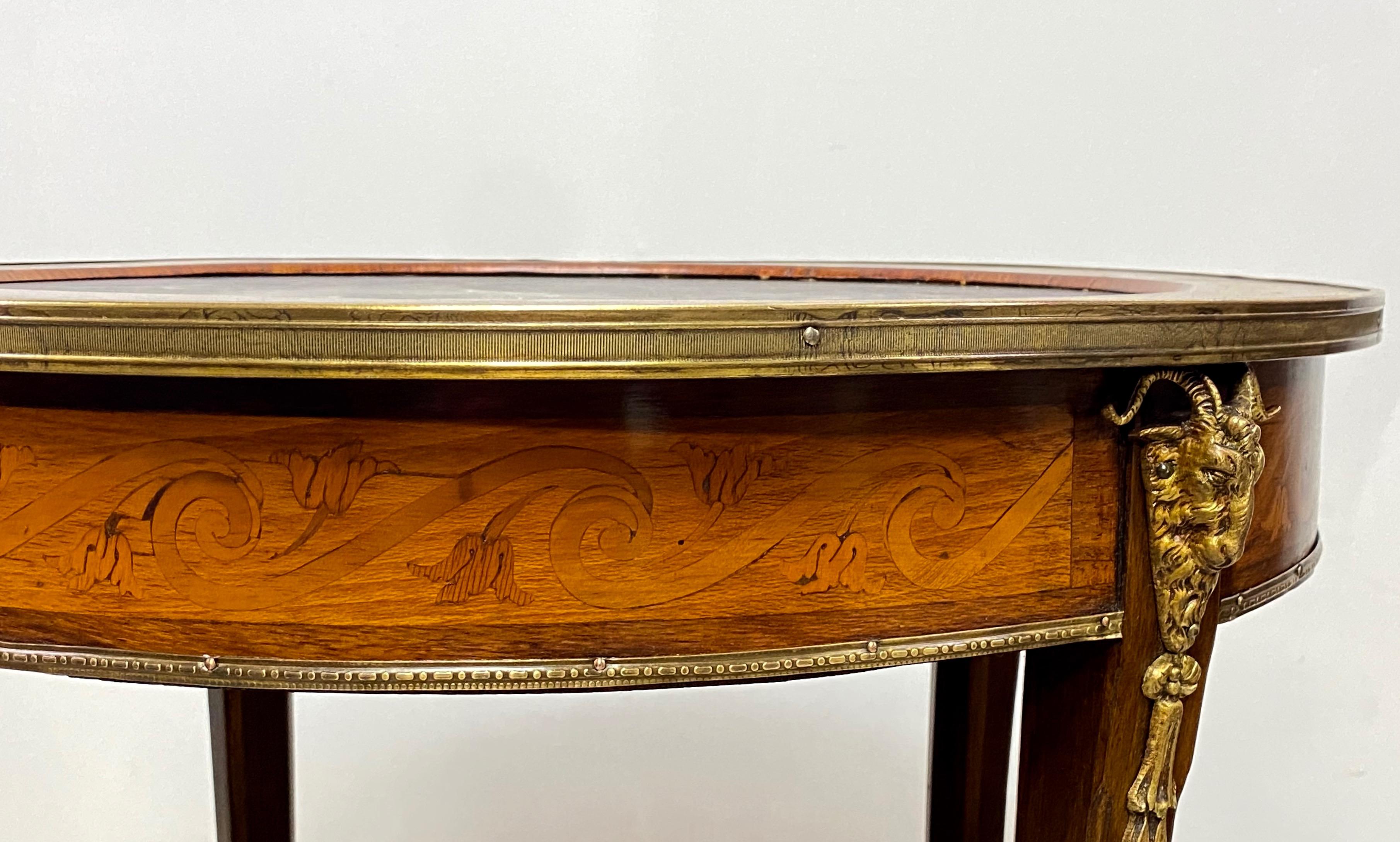 Bronze Mahogany and Satinwood Marble Top Center or Side Table, France Circa 1910 For Sale
