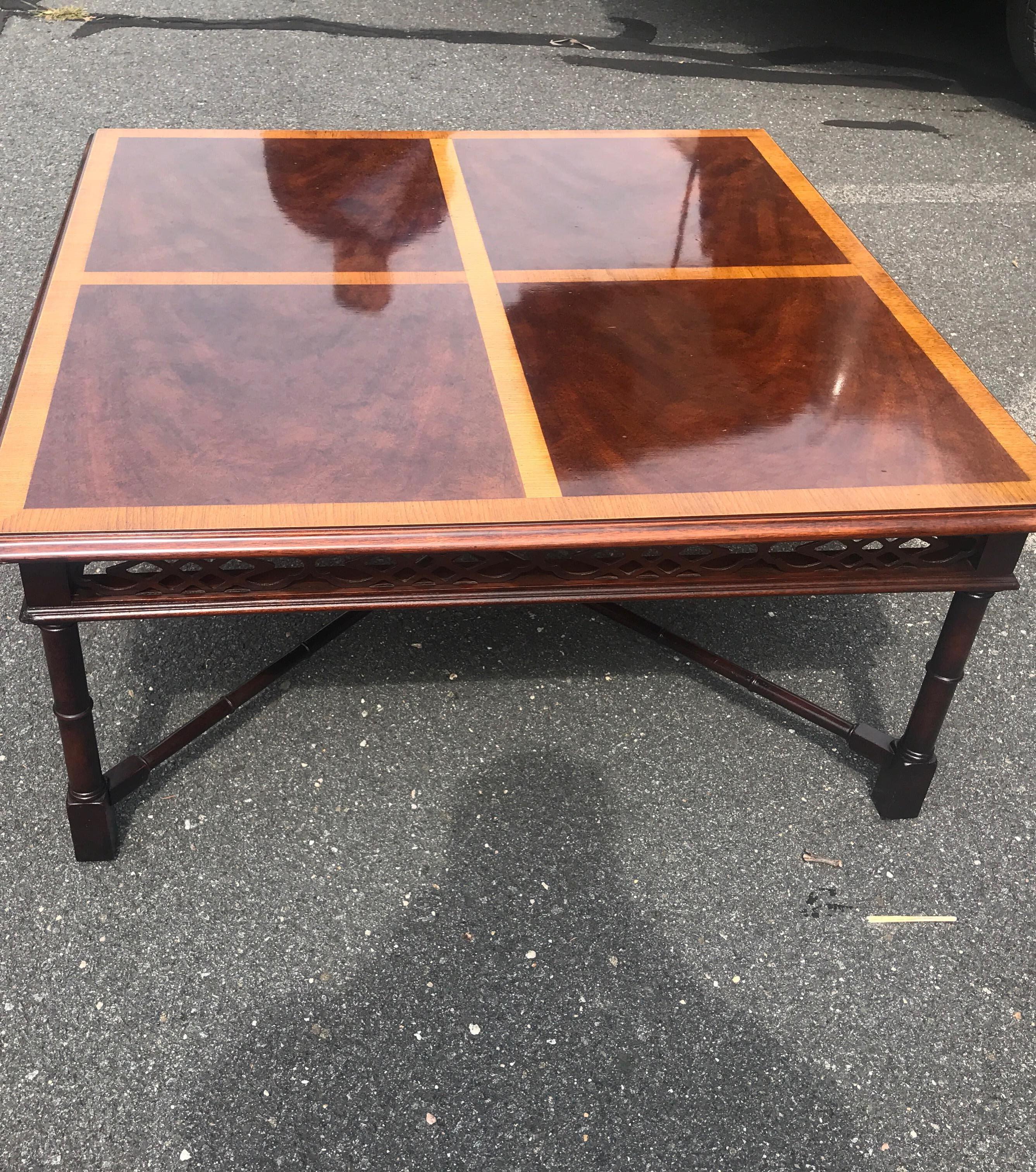 Mahogany and Satinwood Regency Style Square Coffee Table For Sale 1