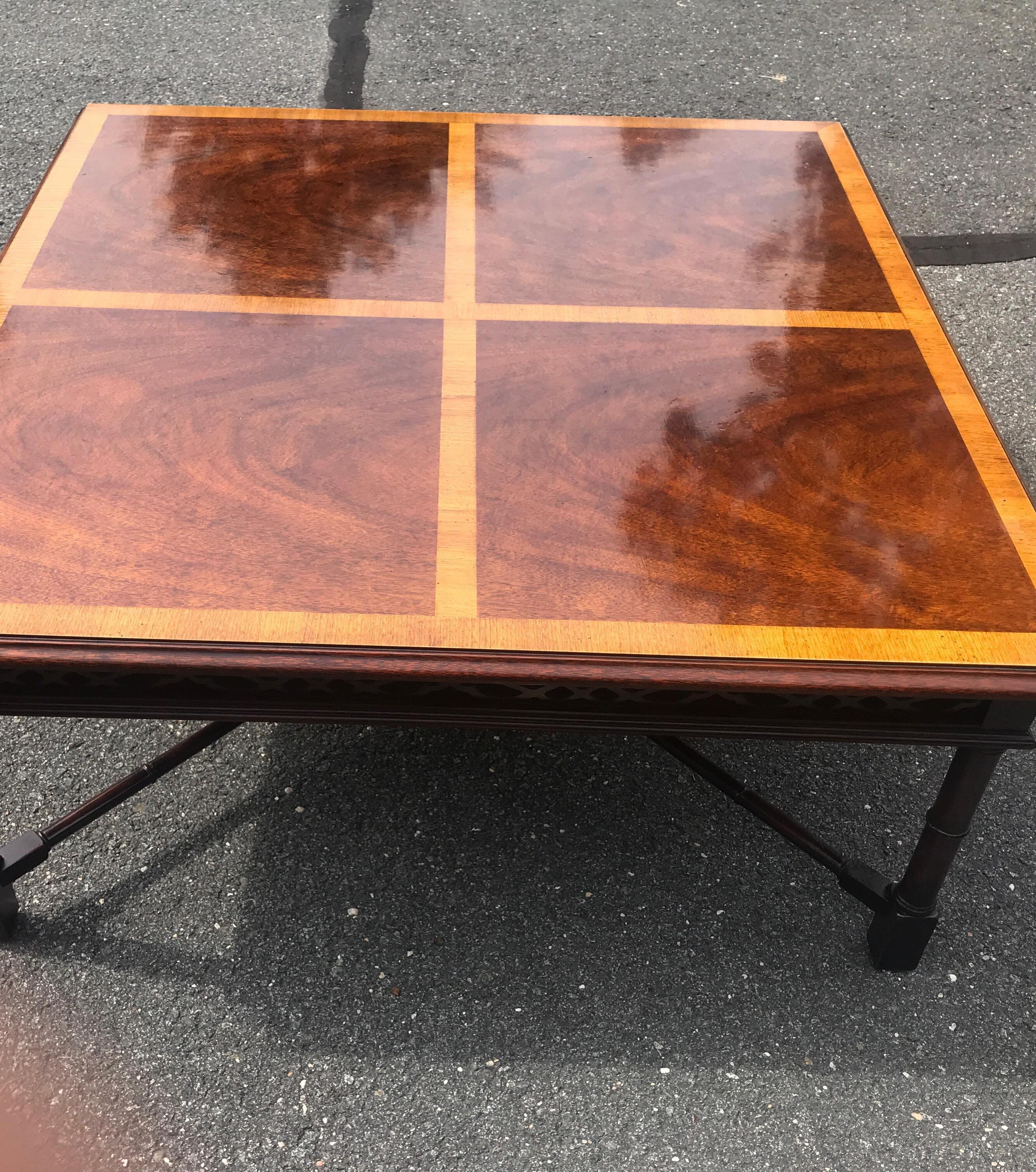 Mahogany and Satinwood Regency Style Square Coffee Table For Sale 2