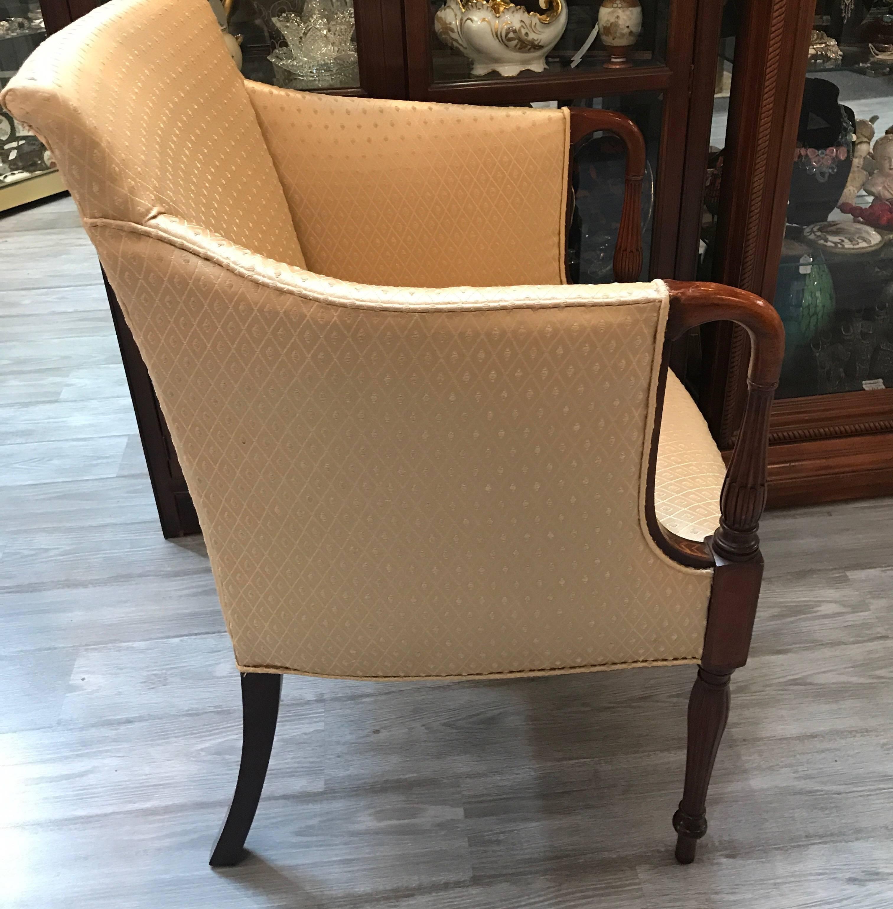 Fabric Mahogany and Satinwood Sheraton Style Occasional Chair