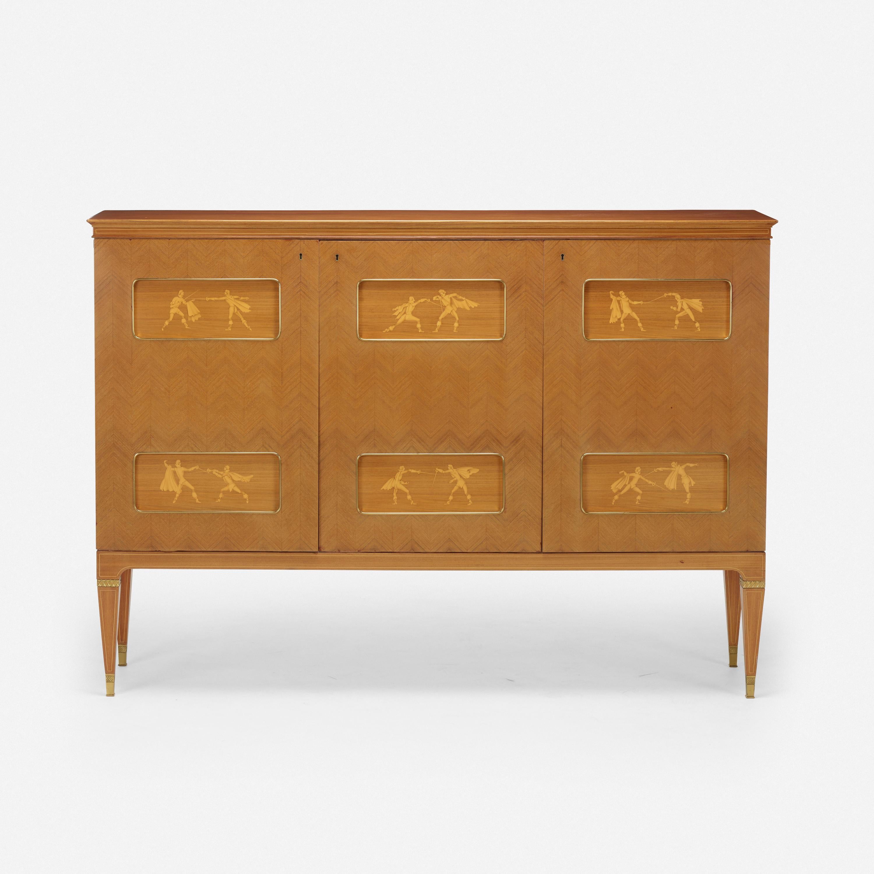 Mahogany and Sycomore Bar Cabinet by Paolo Buffa decorated with fencing scenes. Interior fitted with four movable shelves Italy: circa 1950 Provenance: Blackman Cruz, Los Angeles Private Collection.