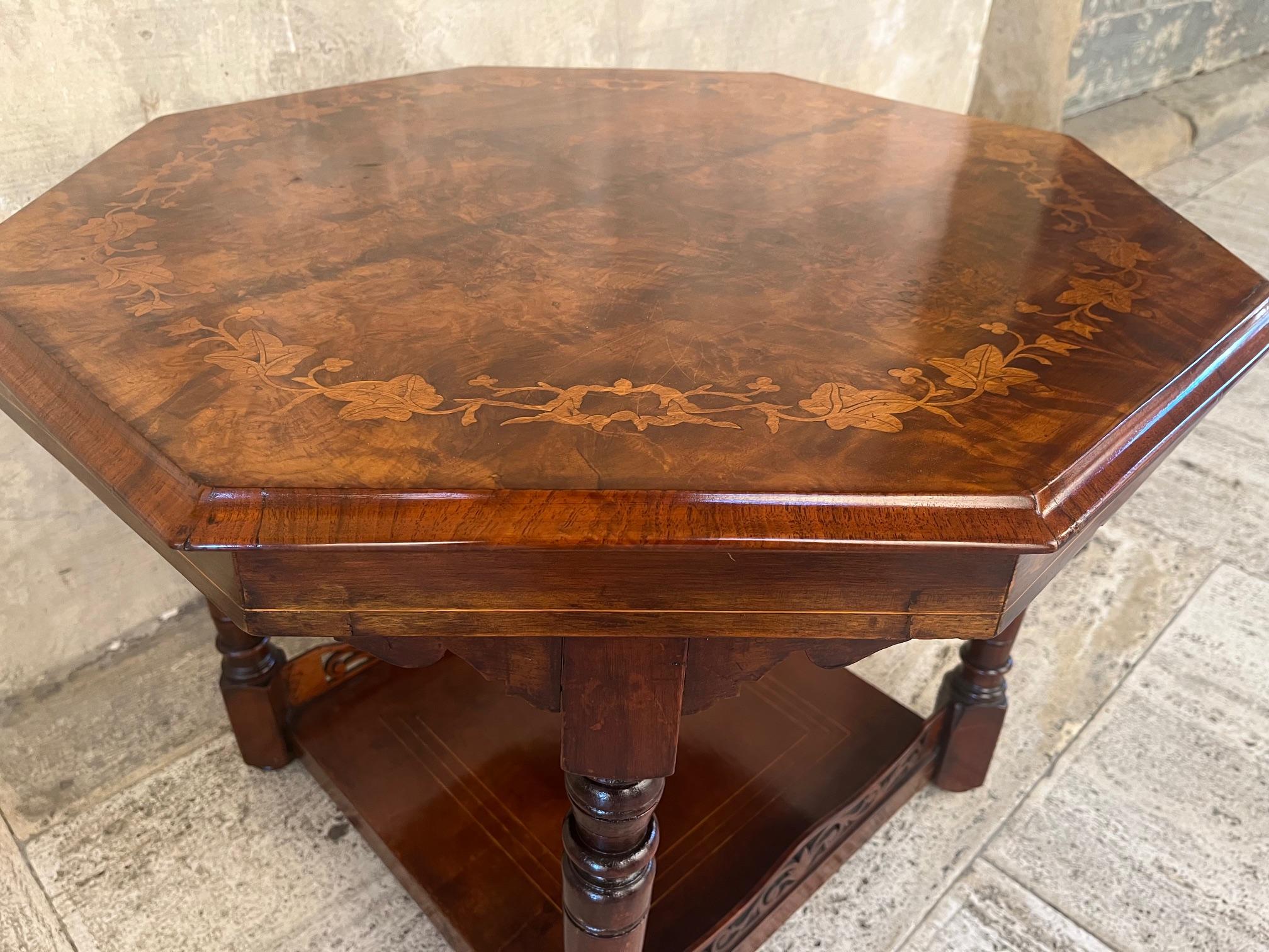 Mahogany and Walnut Burl Inlaid Octagonal Coffee Table For Sale 3