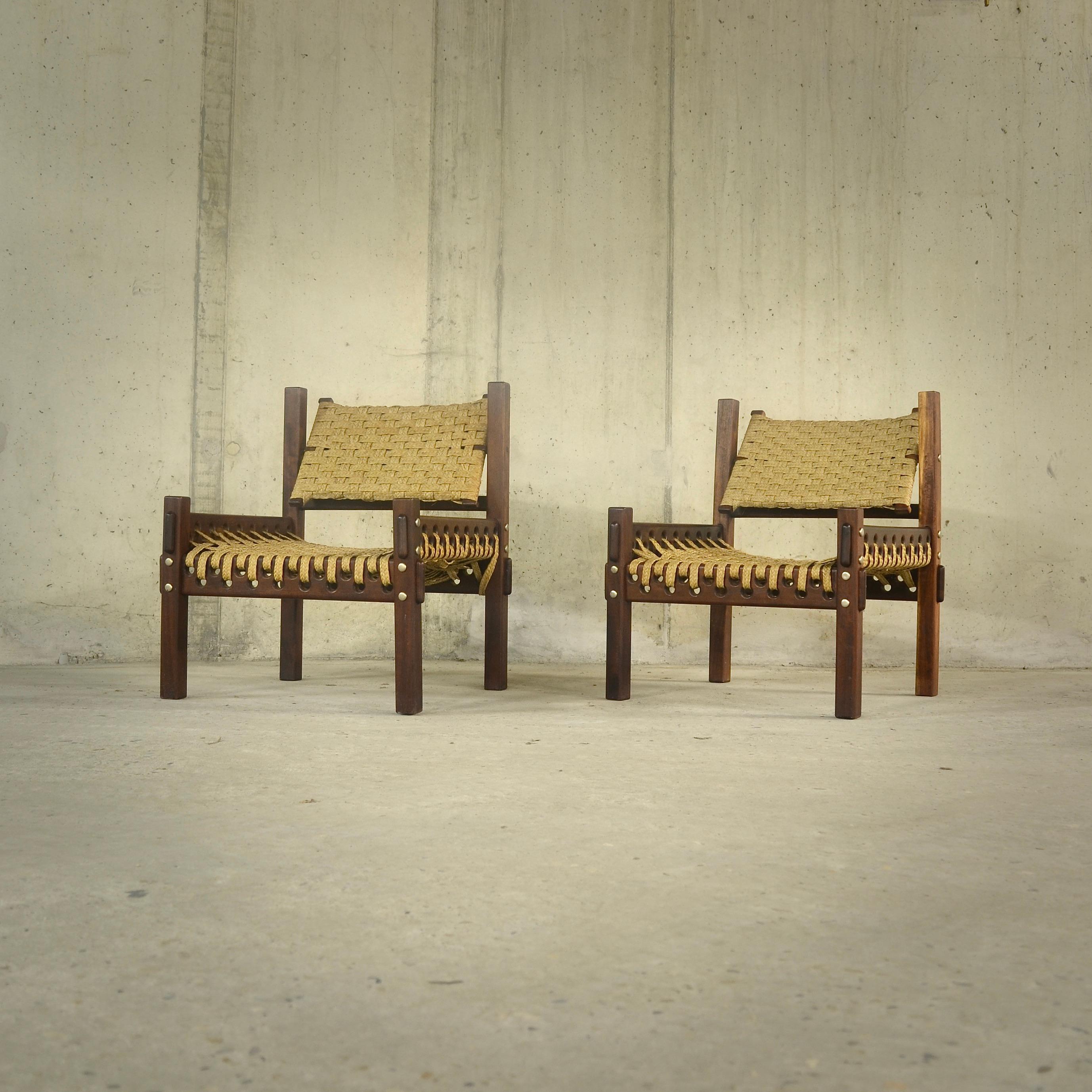 Mahogany and woven palm fiber armchairs, 1960s 5