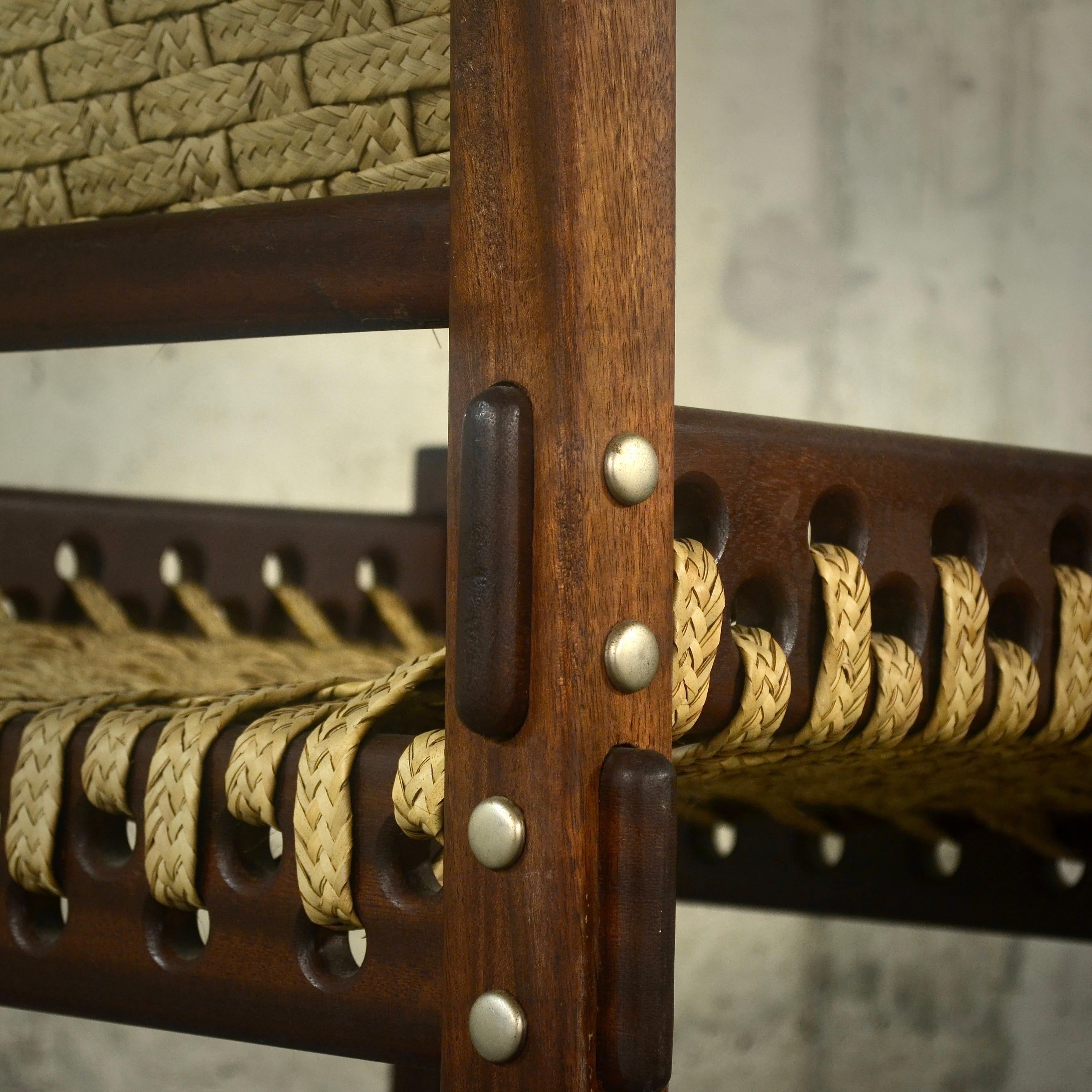 Mahogany and woven palm fiber armchairs, 1960s For Sale 9