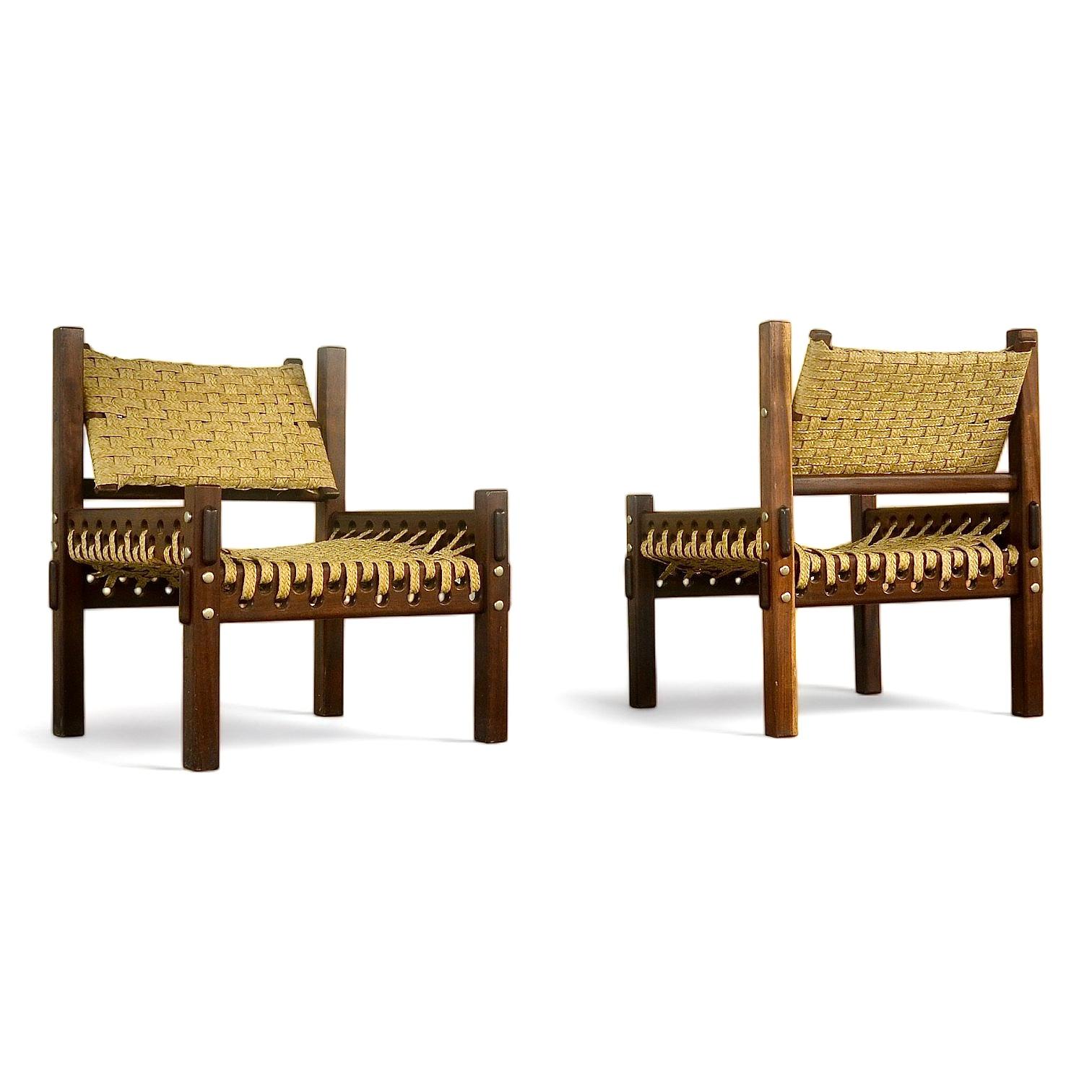 Mahogany and woven palm fiber armchairs, 1960s For Sale 10