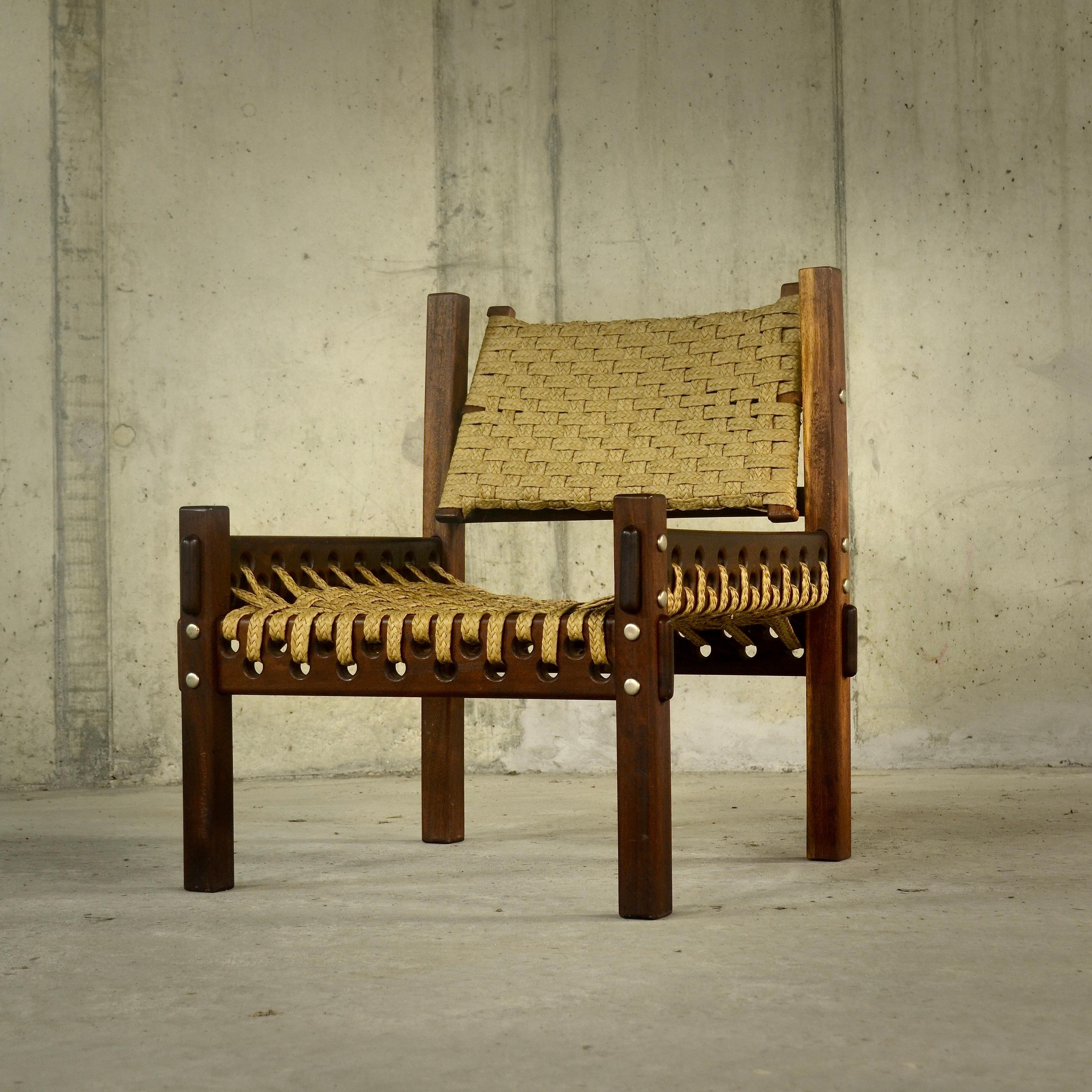 Unknown Mahogany and woven palm fiber armchairs, 1960s For Sale