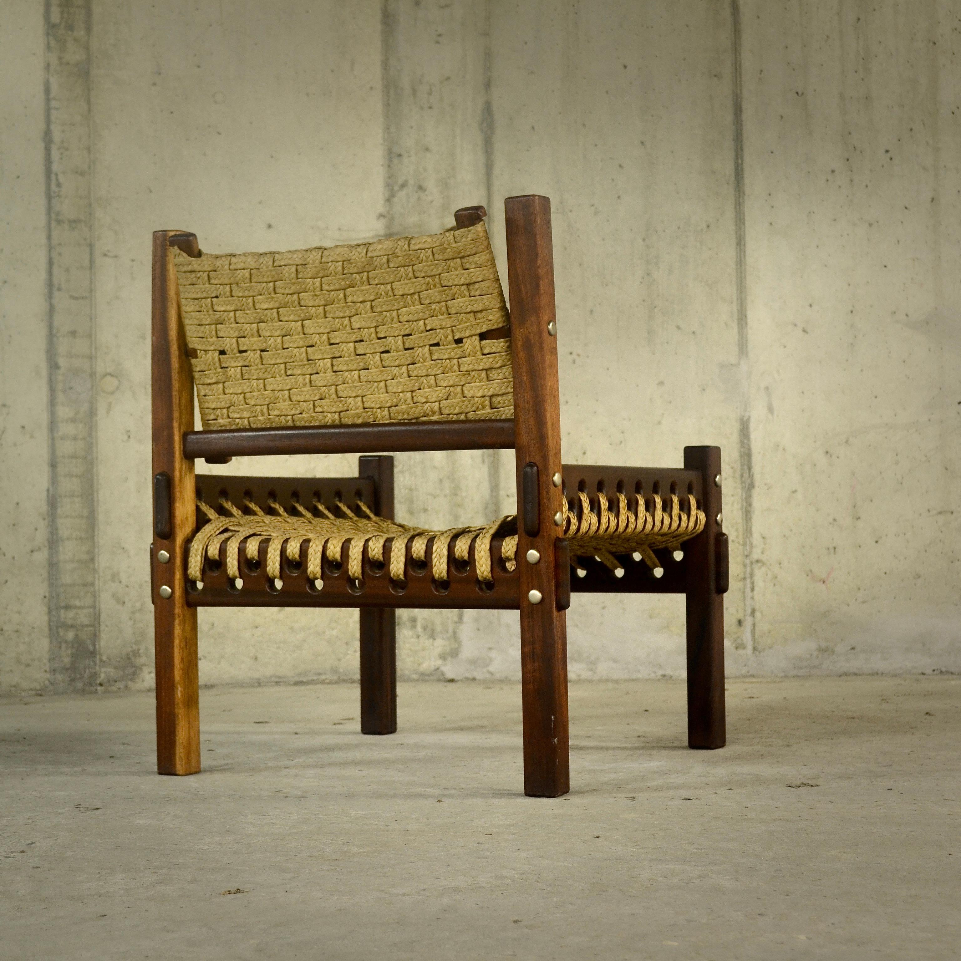 Mahogany and woven palm fiber armchairs, 1960s For Sale 2