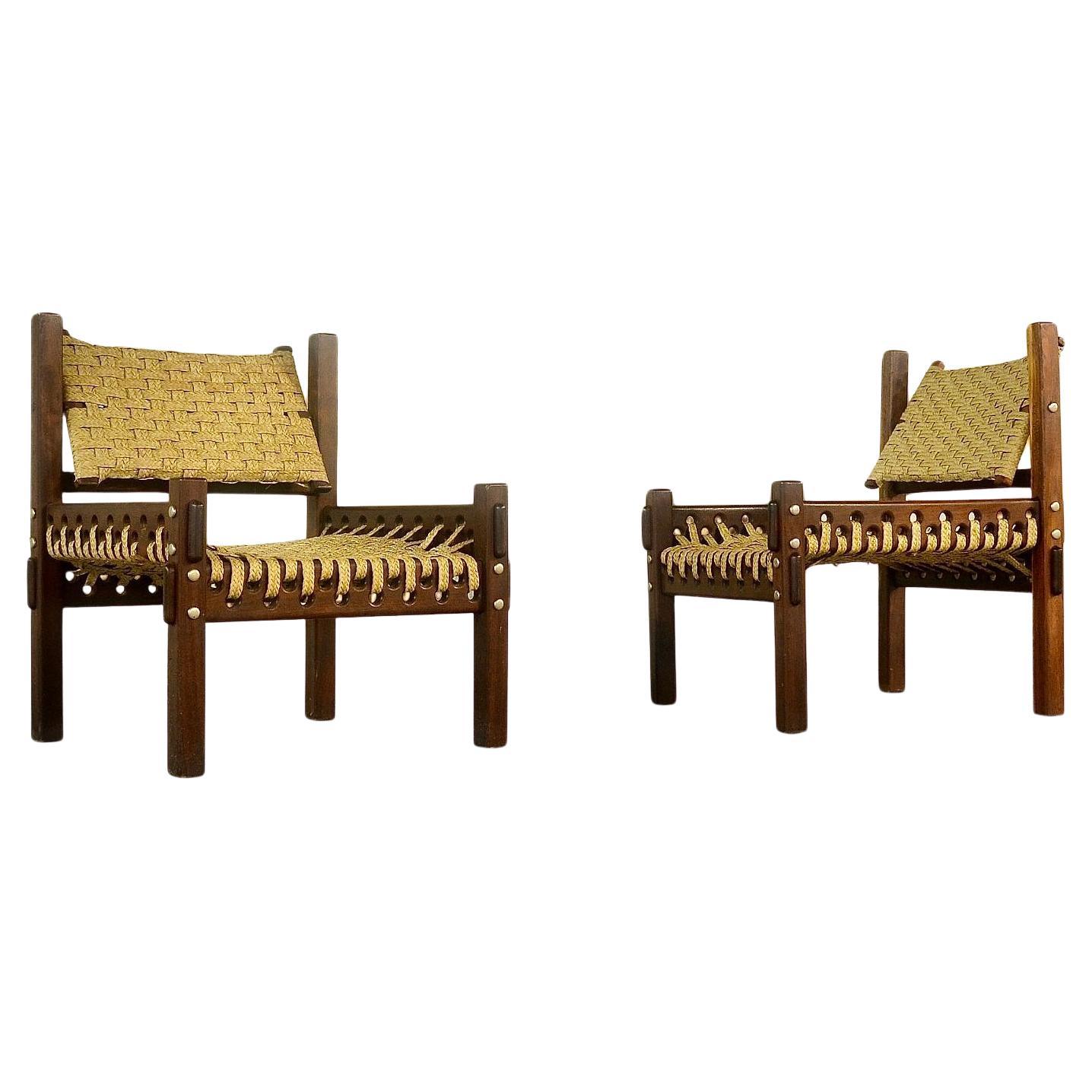 Mahogany and woven palm fiber armchairs, 1960s For Sale