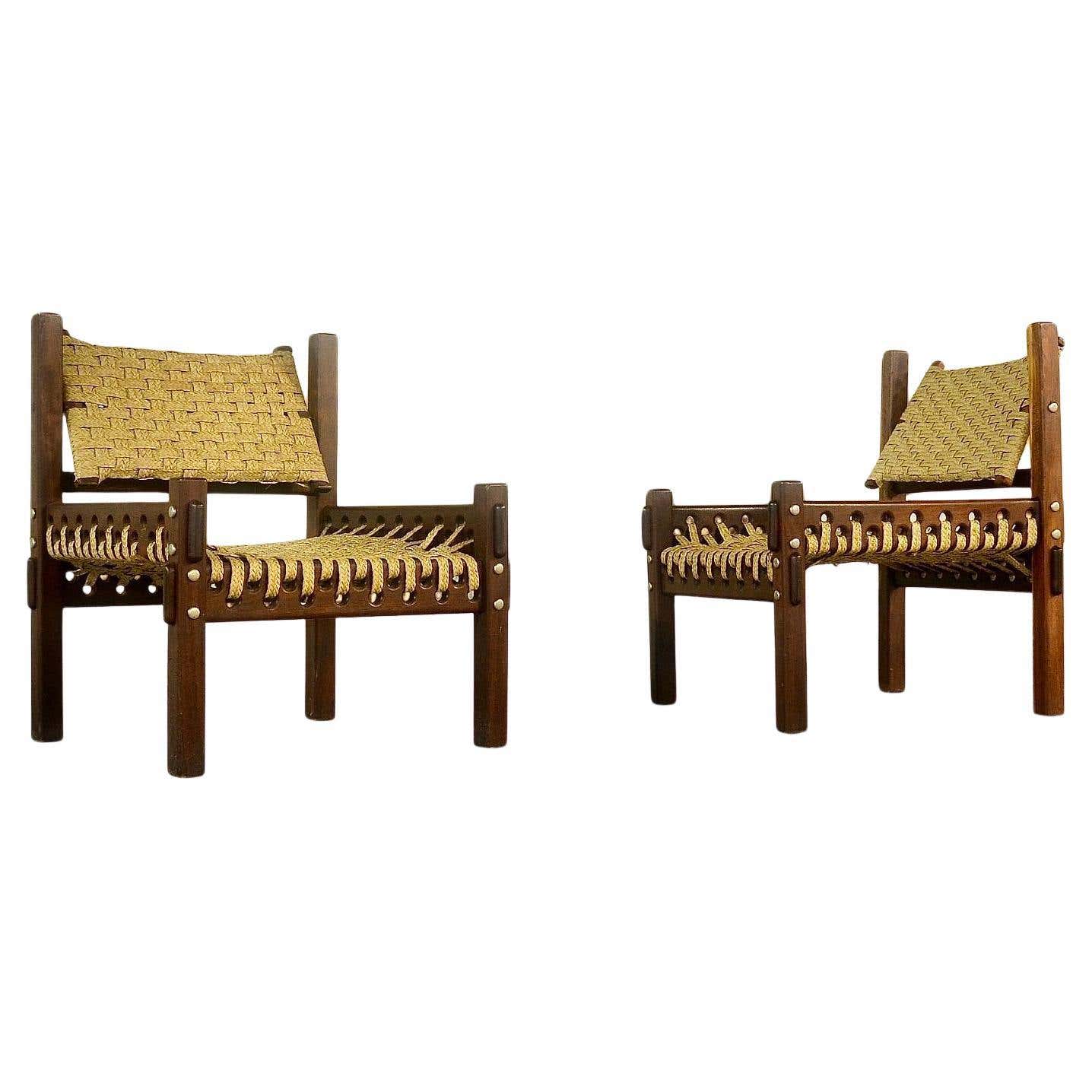 Mahogany and woven palm fiber armchairs, 1960s