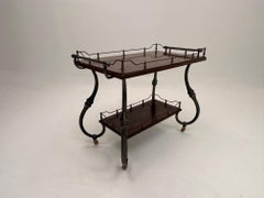 Mahogany and Wrought Iron Server Bar Cart with Parquetry Top