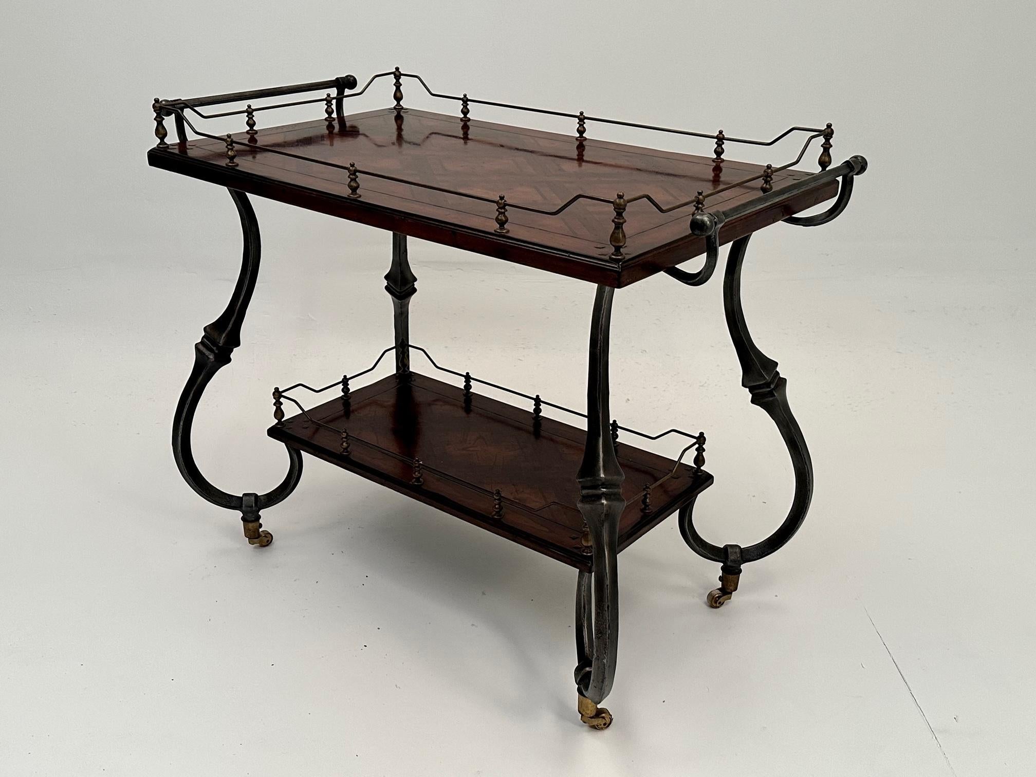 Mahogany and Wrought Iron Server Bar Cart with Parquetry Top In Good Condition For Sale In Hopewell, NJ